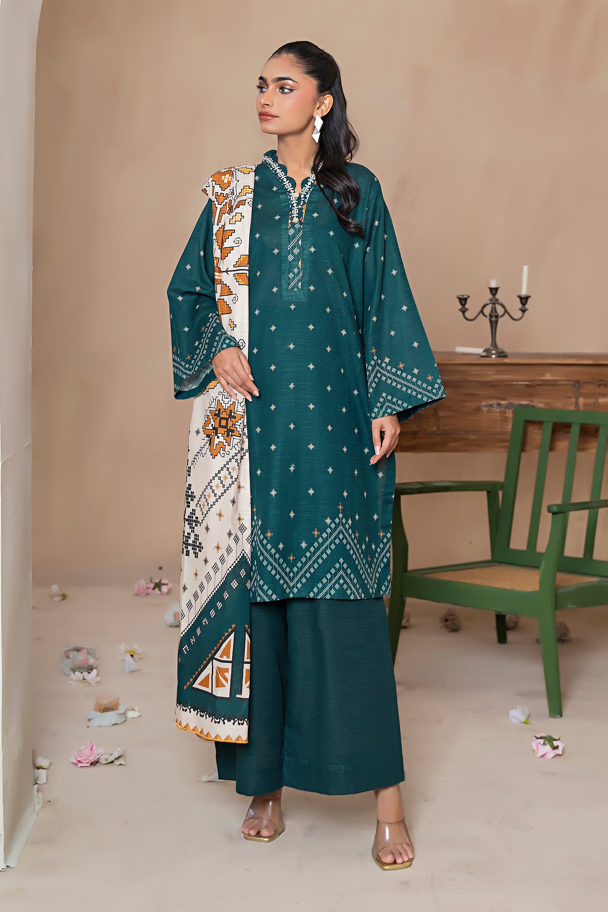 3 Piece Sea Green Khaddar Unstitched - (Vol-79/11)3P-W-24-D-11 - SAFANOOR