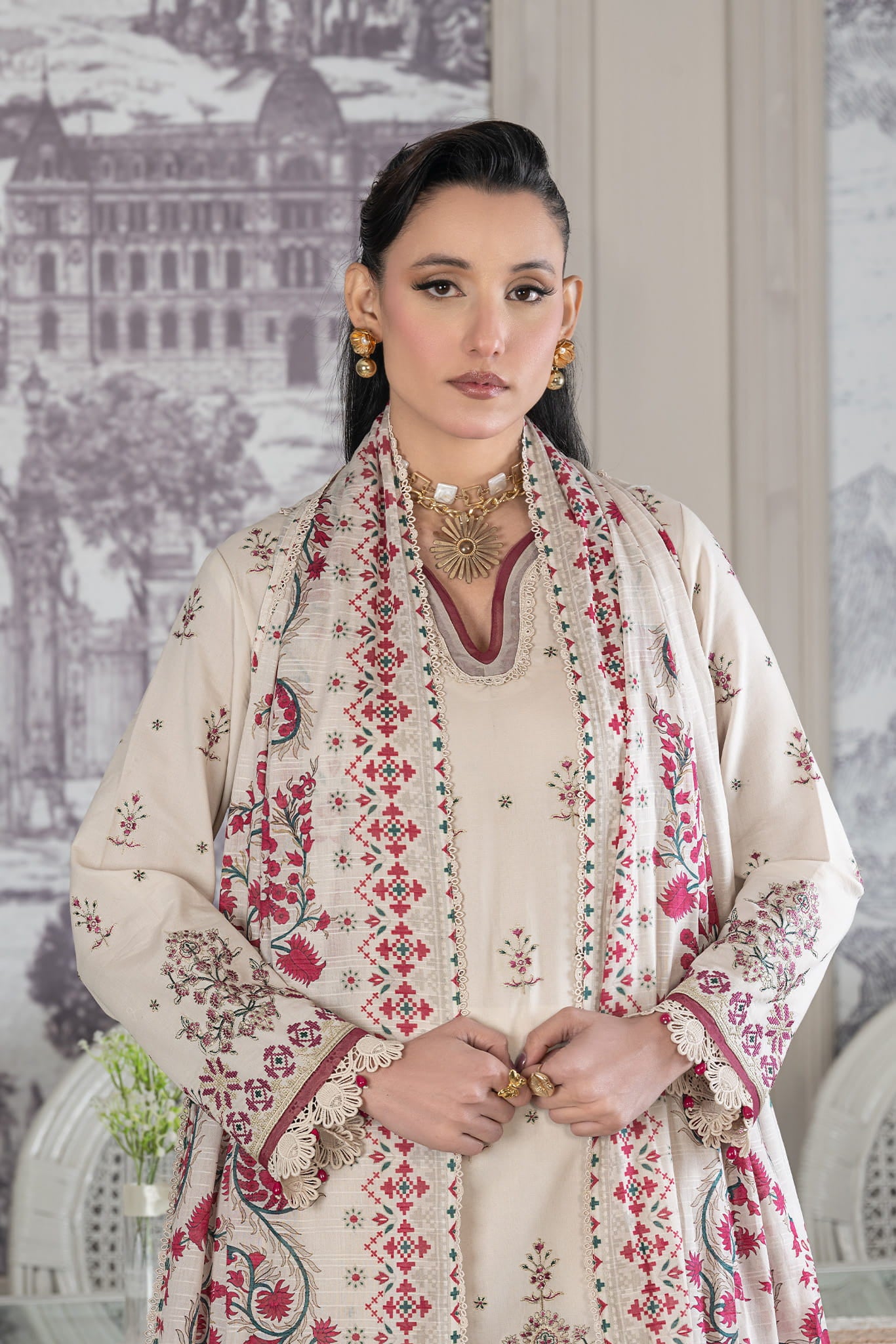 3 Piece Unstitched Antique White Luxury Embroidered Lawn Suit