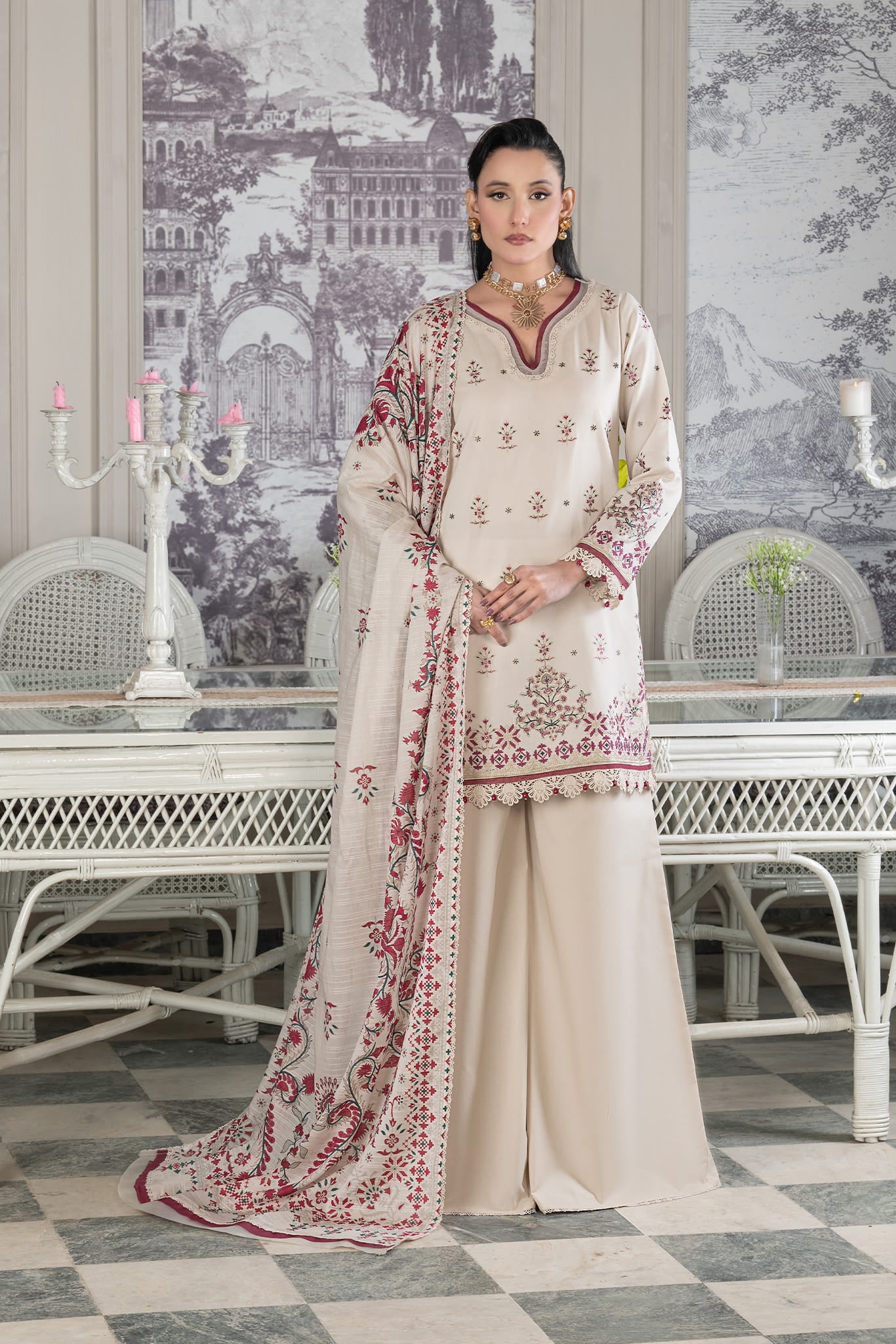 3 Piece Unstitched Antique White Luxury Embroidered Lawn Suit Main image