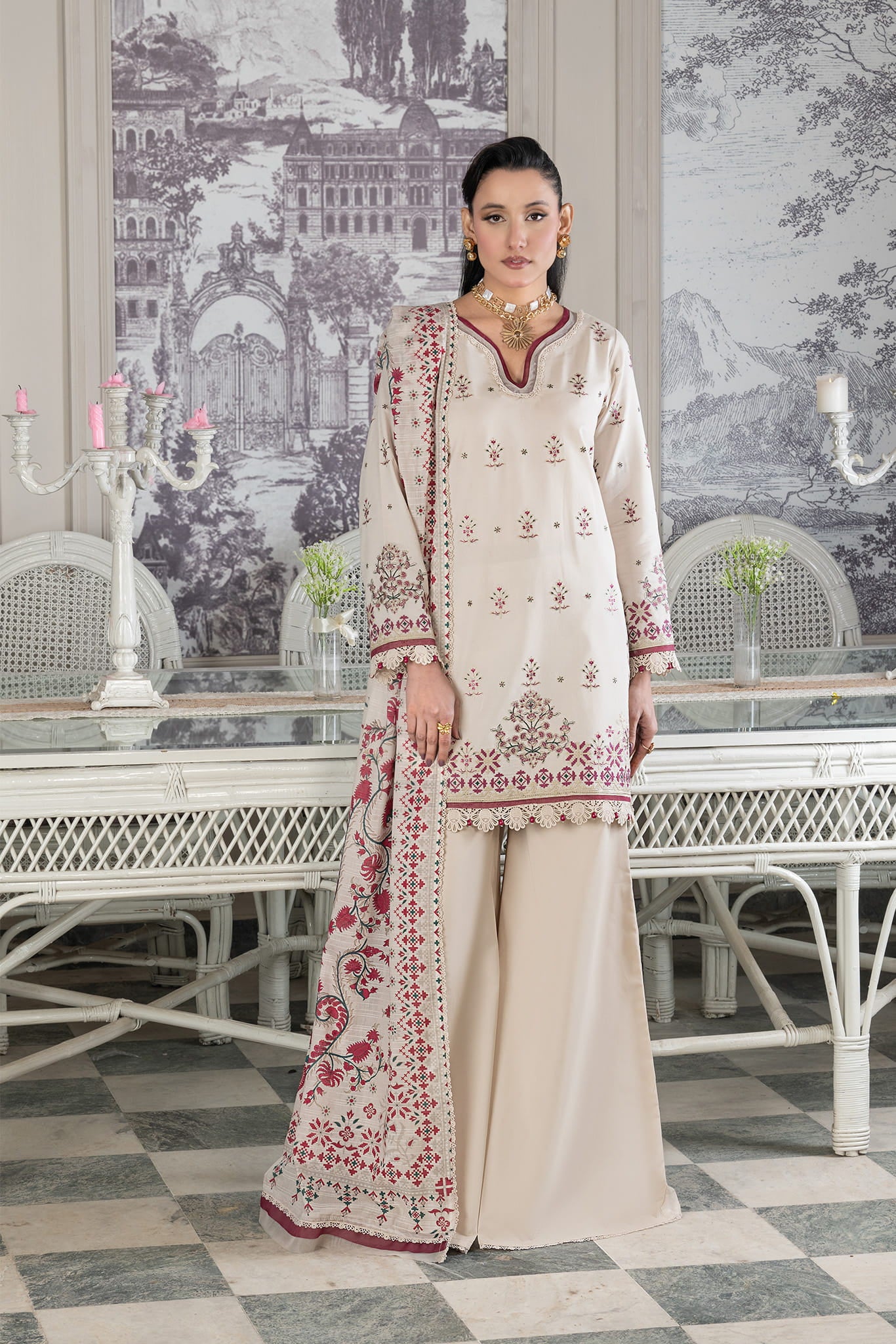 3 Piece Unstitched Antique White Luxury Embroidered Lawn Suit