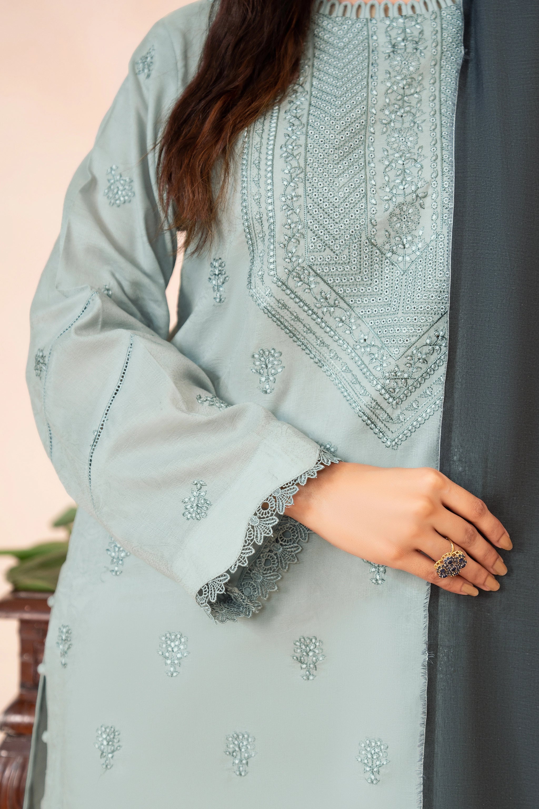 3 Piece Unstitched Ash Grey Premium Embroidered Self Jacquard Lawn Suit By Safa Noor Summer 26 Nazneen Collection