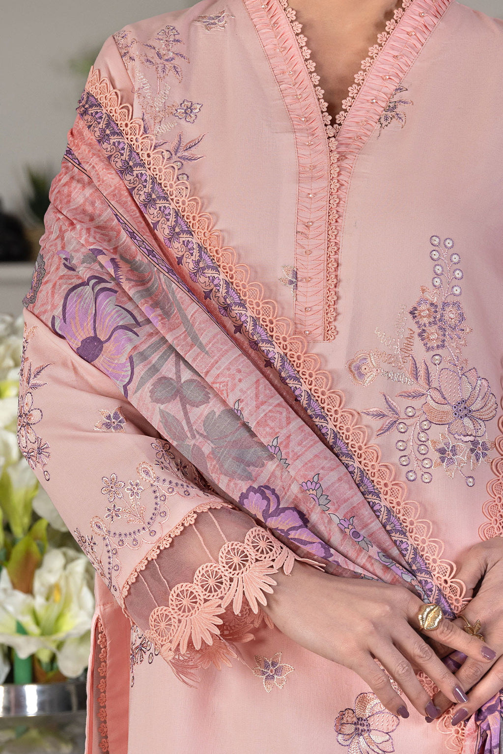 3 Piece Unstitched Baby Pink Luxury Embroidered Lawn Suit