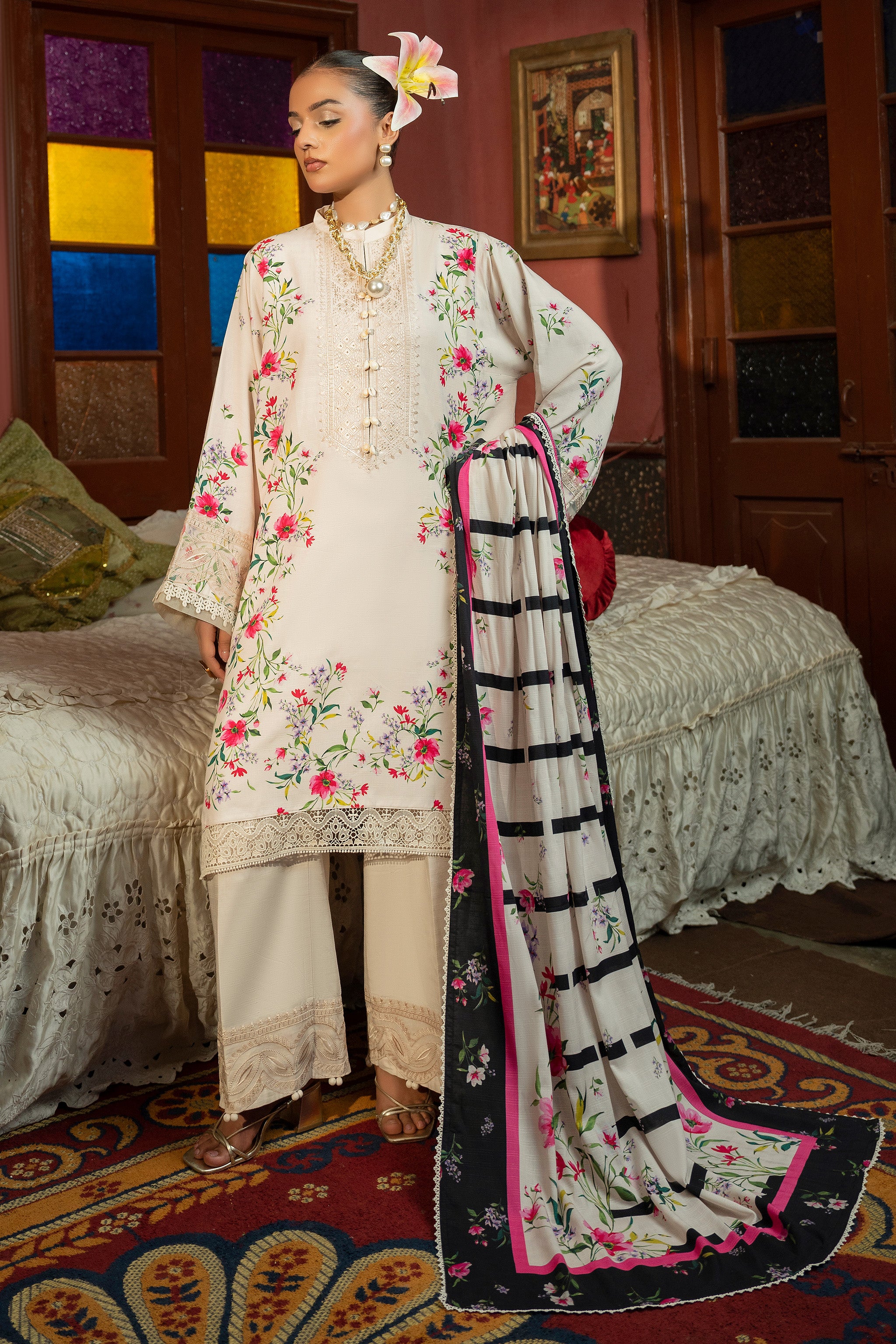 3 Piece Unstitched Beige Embroidered Linen Secondary image