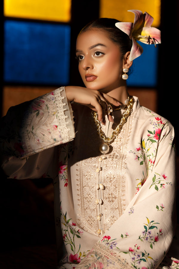 3 Piece Unstitched Beige Embroidered Linen - (Vol-113/01)D10 - SAFANOOOR