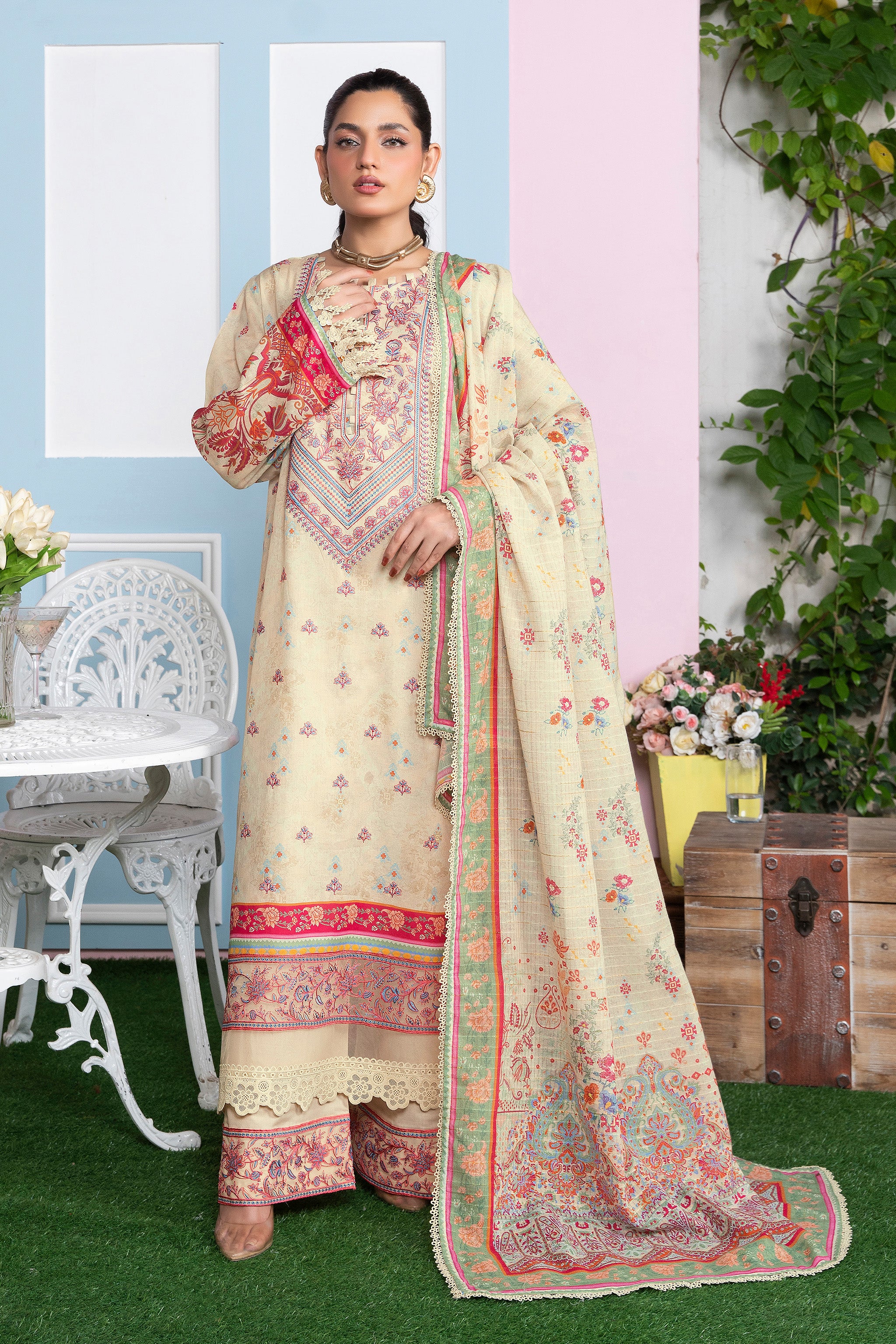 3 Piece Unstitched Beige Embroidered Lawn Secondary image