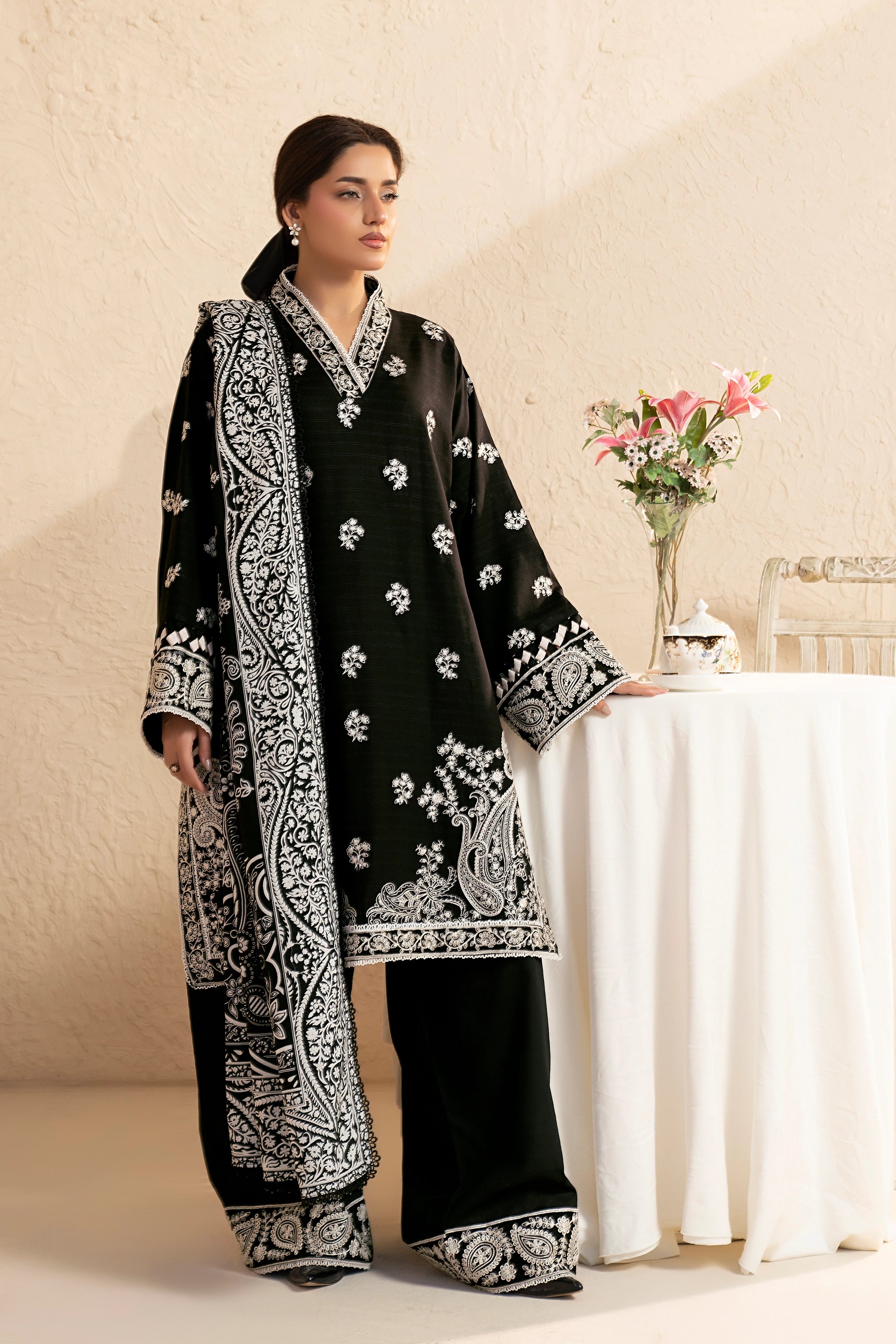 3 Piece Unstitched Black Premium Embroidered Lawn - Safa Noor