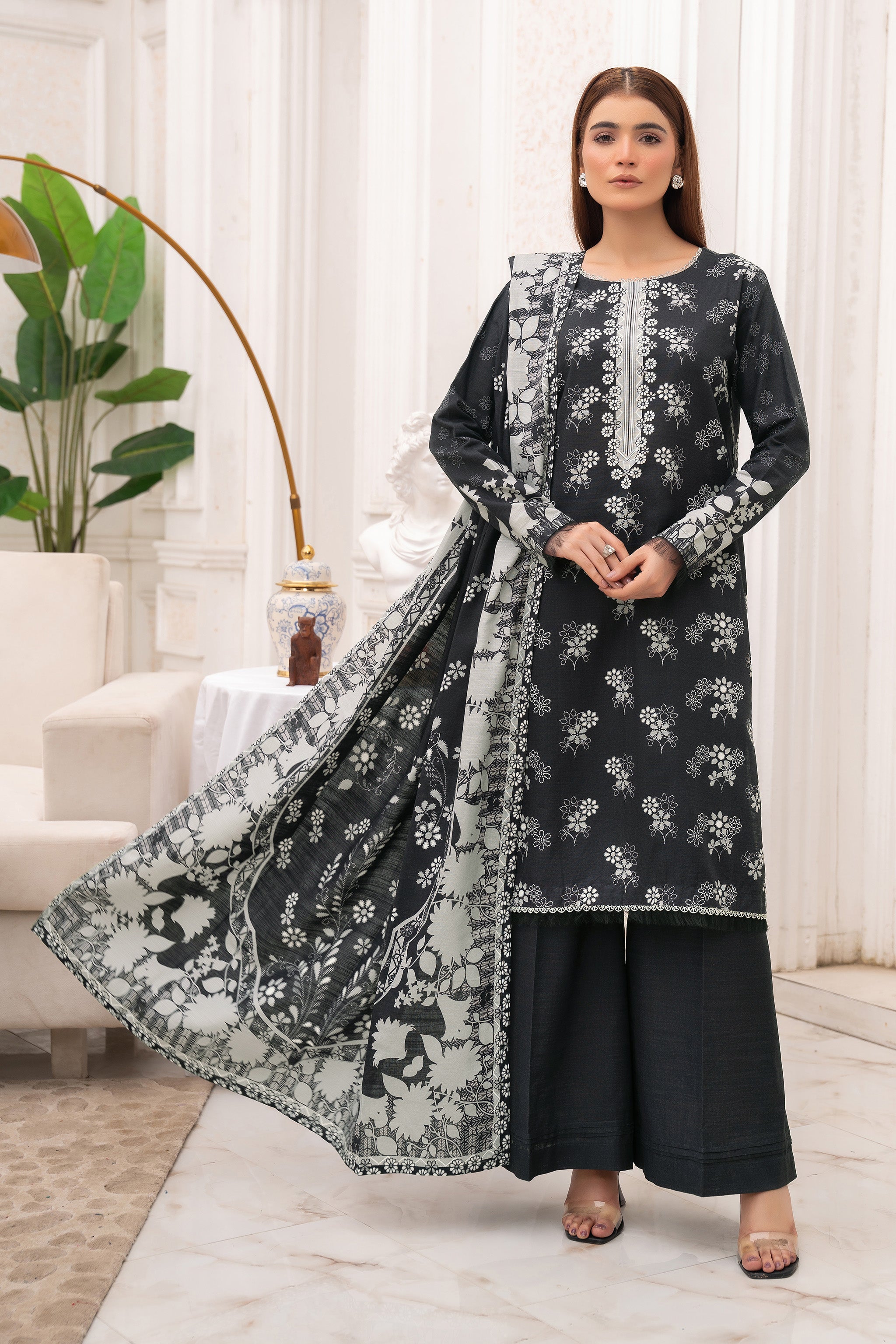 3 Piece Unstitched Black Premium Khaddar Secondary image