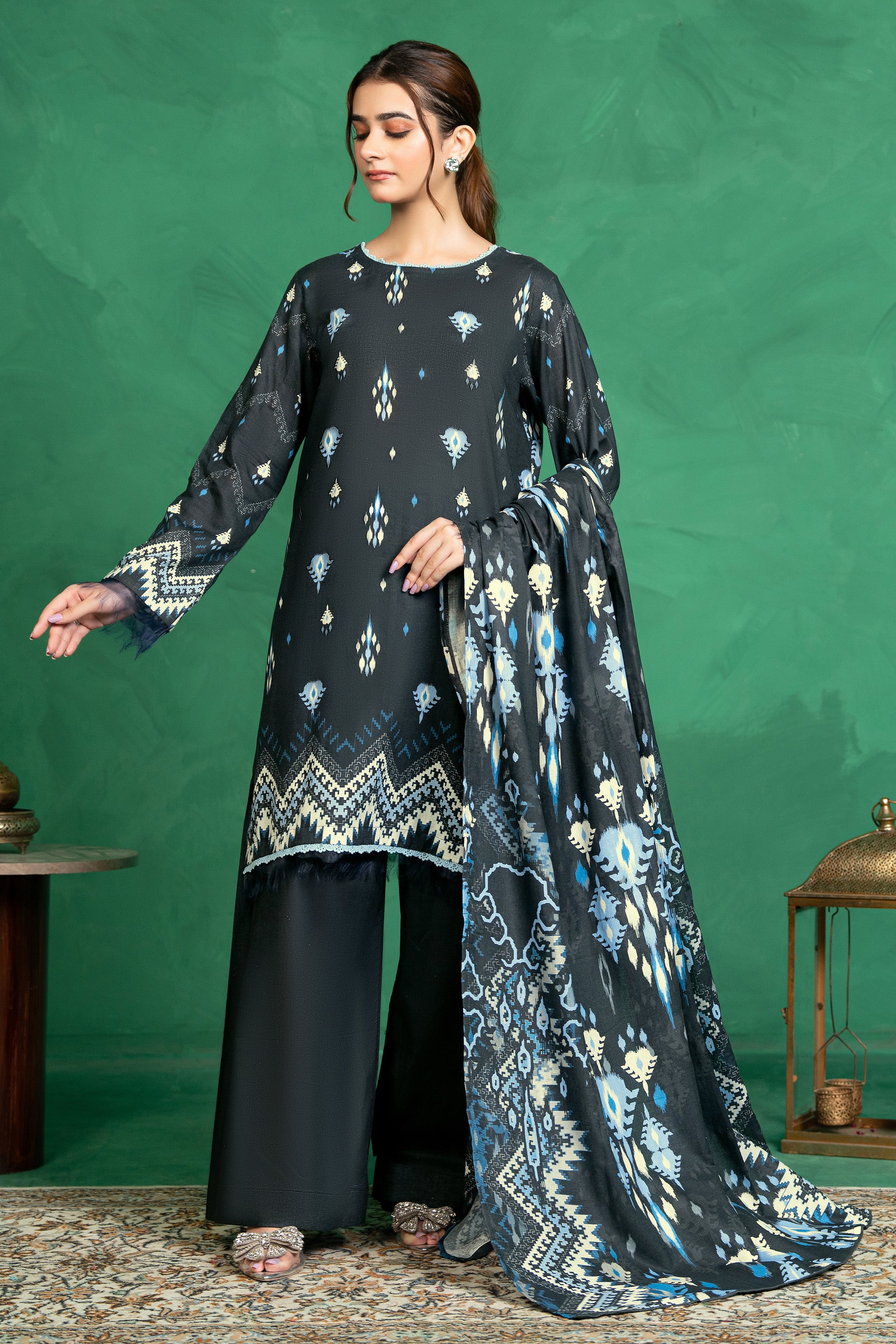 3 Piece Unstitched Black Printed Cotton Secondary image