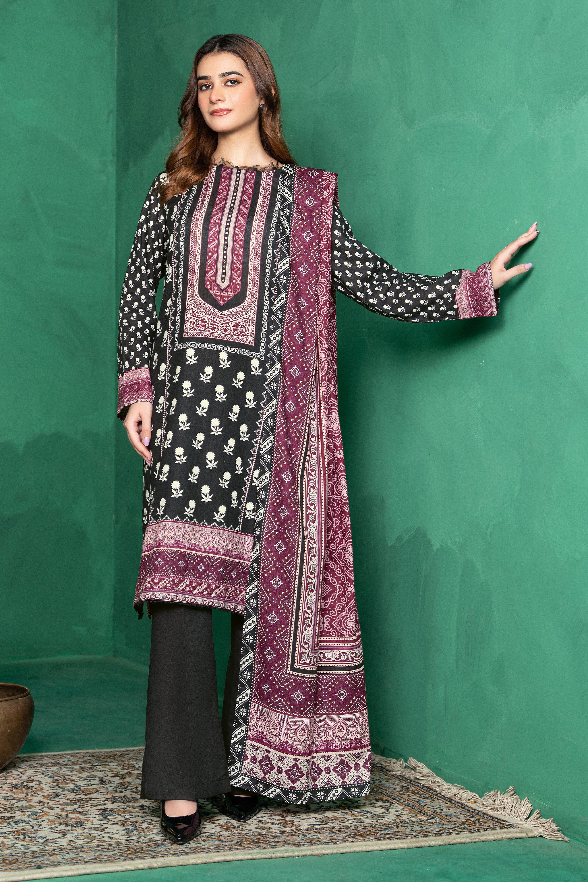 3 Piece Unstitched Black Printed Cotton Secondary image