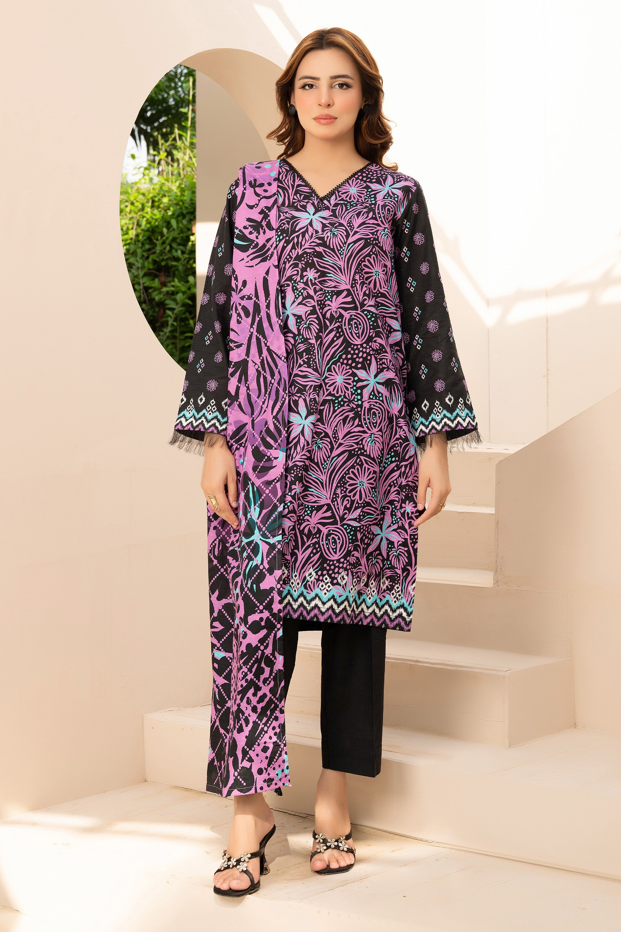 3 Piece Unstitched Black Printed Khaddar Secondary image