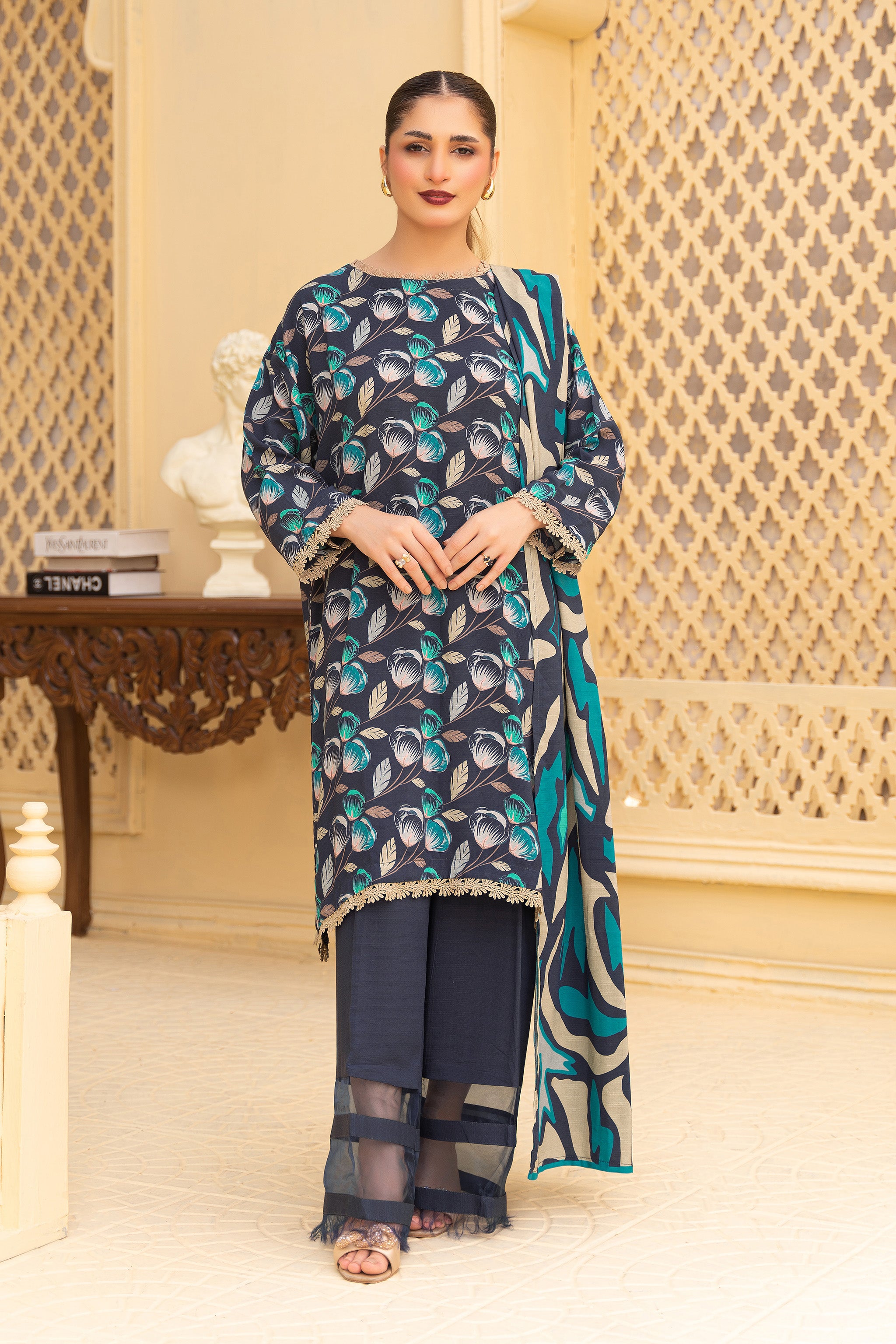 3 Piece Unstitched Black Printed Linen Secondary image