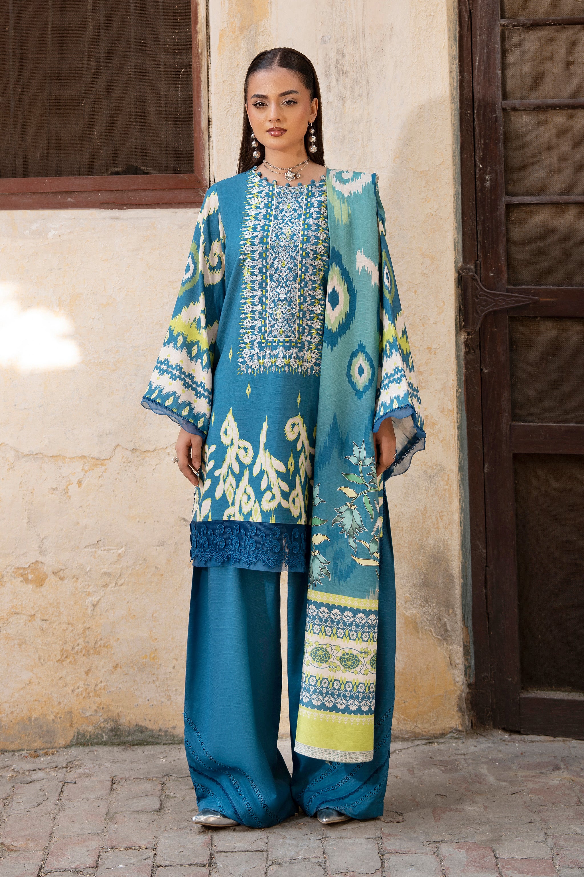 3 Piece Unstitched Blue Embroidered Linen Secondary image