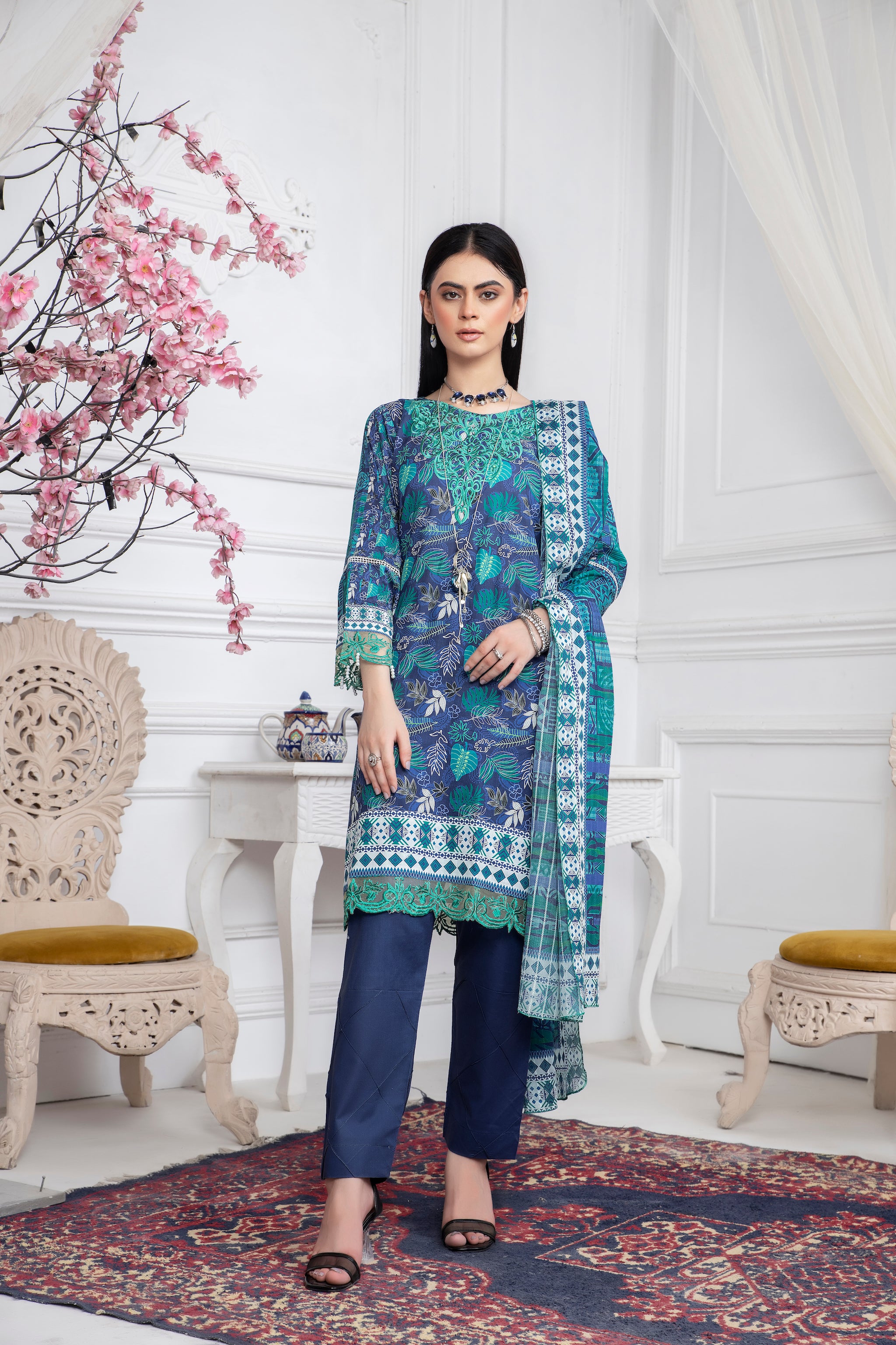 3 Piece Unstitched Blue Embroidered Lawn - (Vol-67/17)3P-S-24-D-3 - SAFANOOR