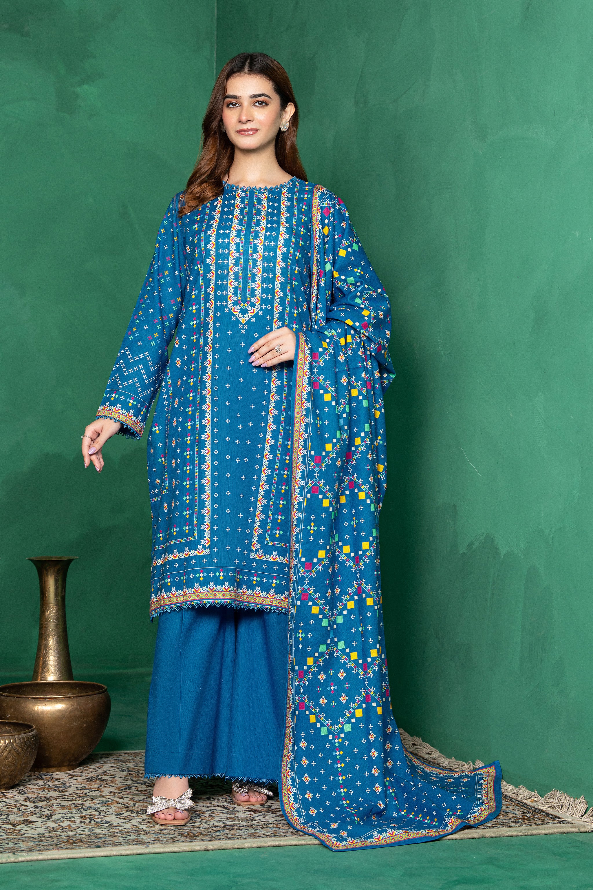 3 Piece Unstitched Blue Printed Cotton Secondary image