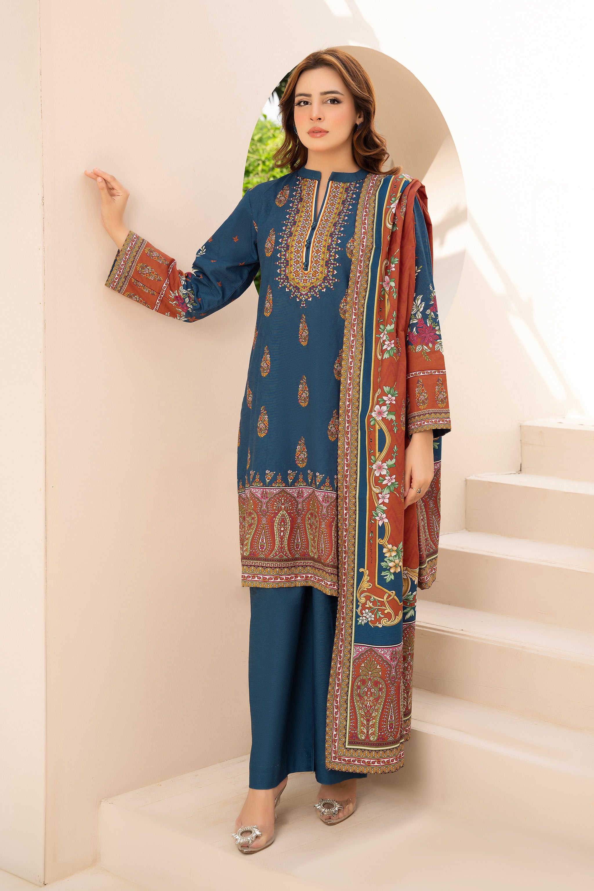 3 Piece Unstitched Blue Printed Khaddar Secondary image