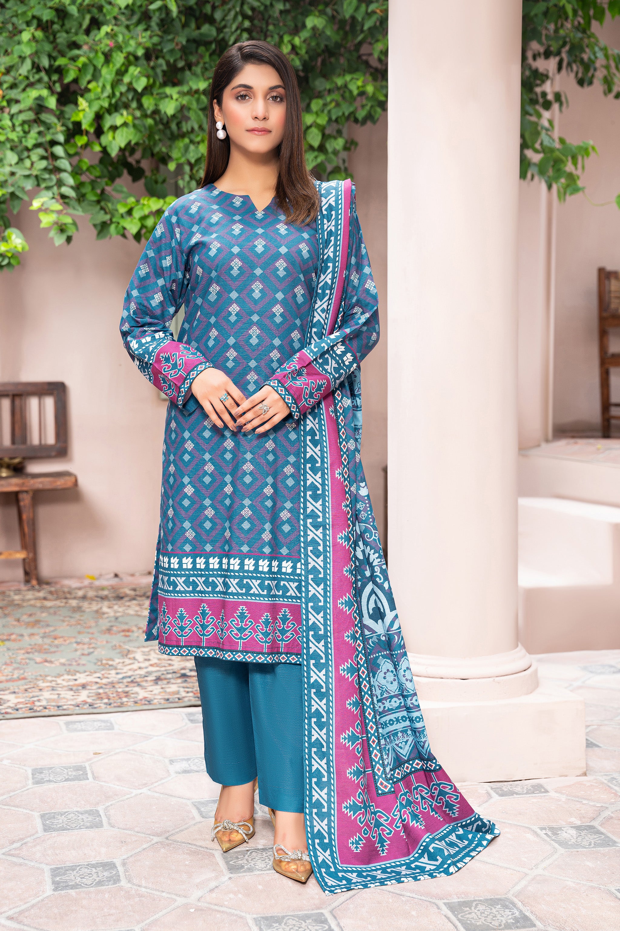 3 Piece Unstitched Blue Printed Khaddar Secondary image