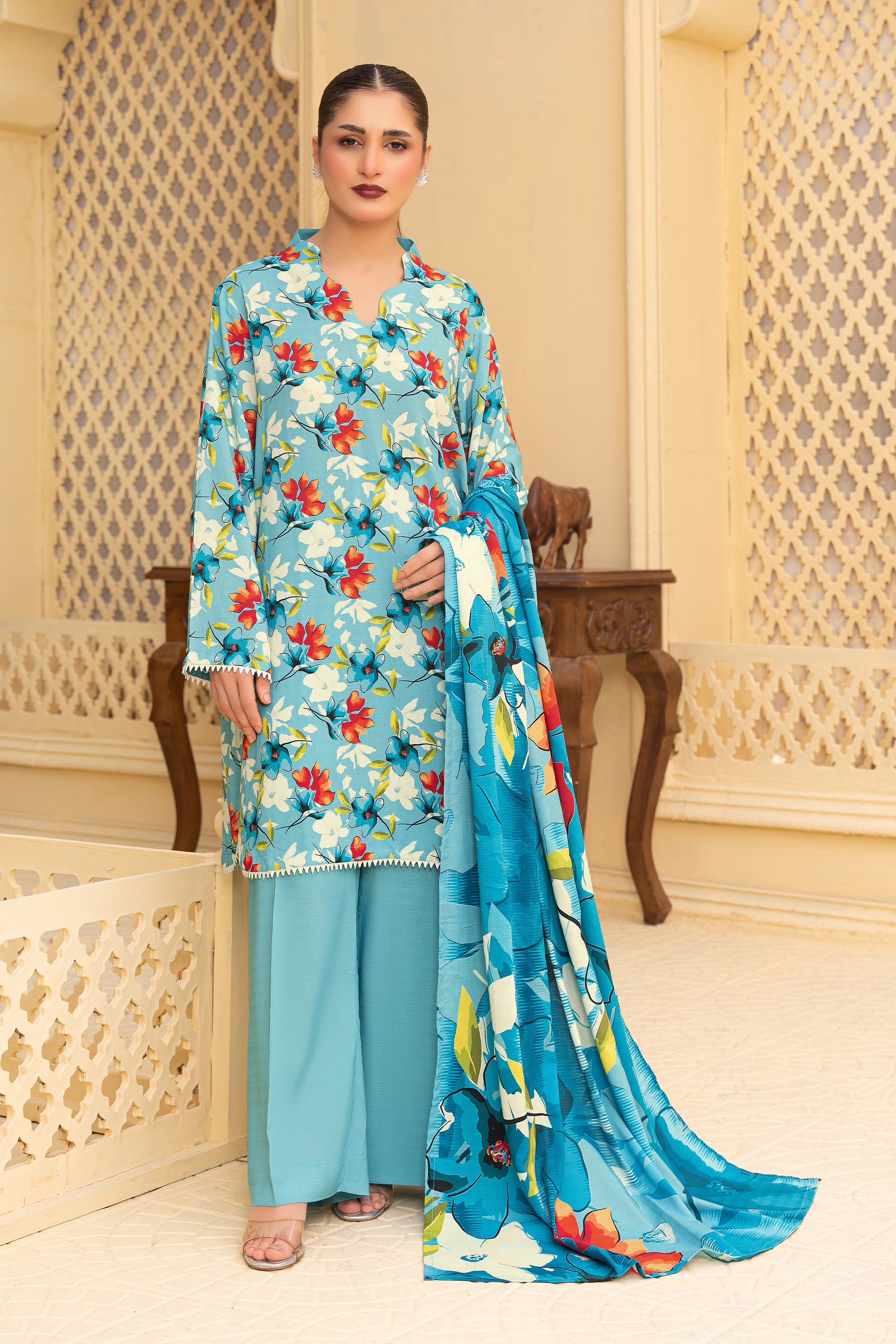 3 Piece Unstitched Blue Printed Linen Secondary image
