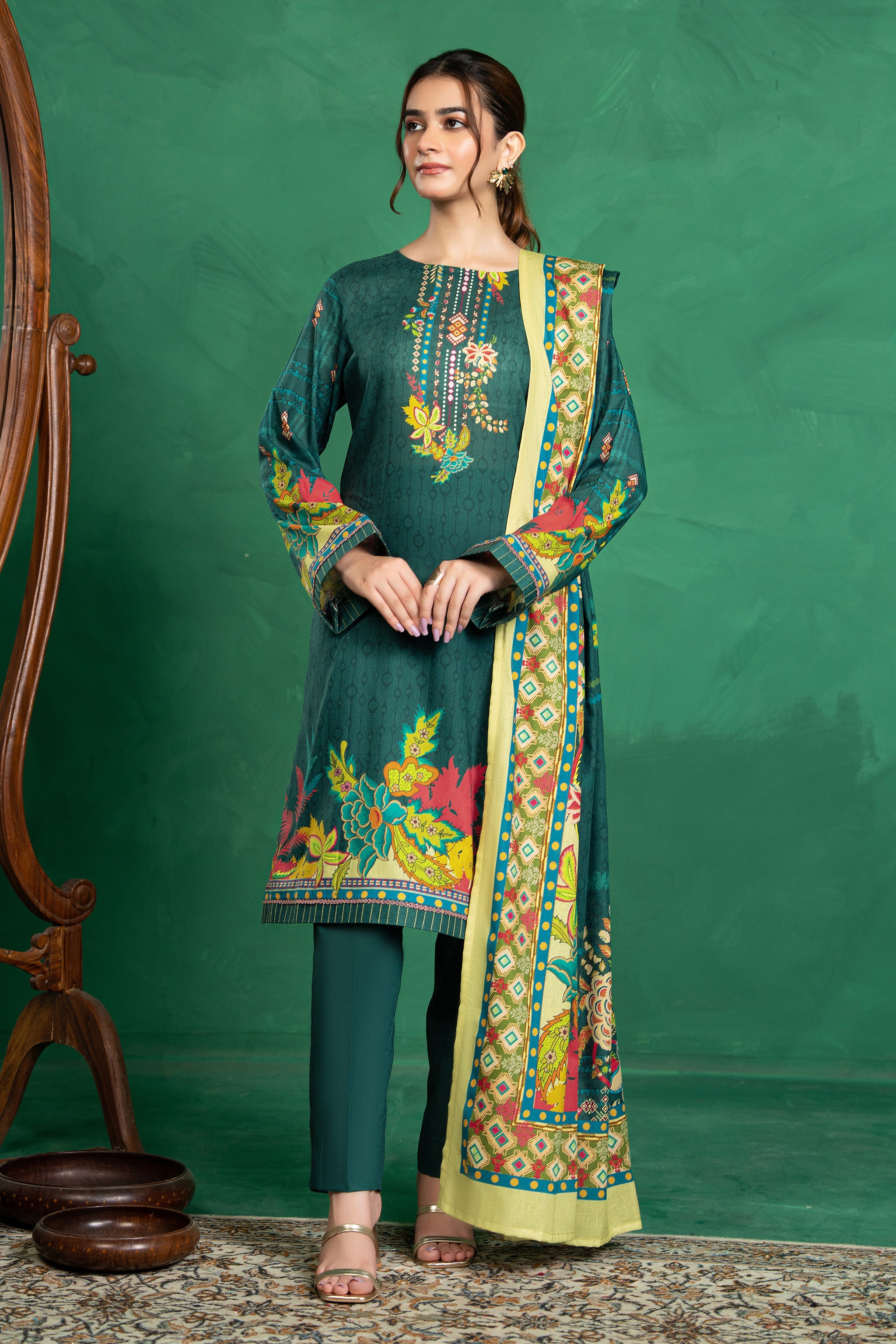 3 Piece Unstitched Bottle Green Printed Cotton Secondary image