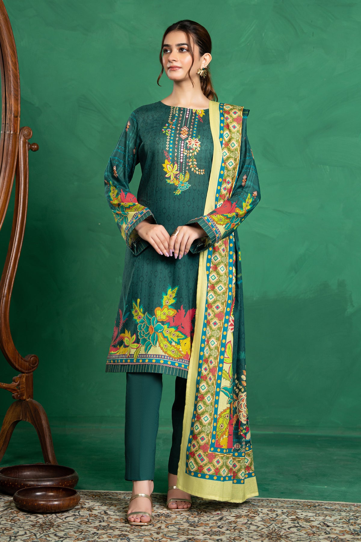 3 Piece Unstitched Bottle Green Printed Cotton - (Vol-110/13)D7 - SAFANOOOR