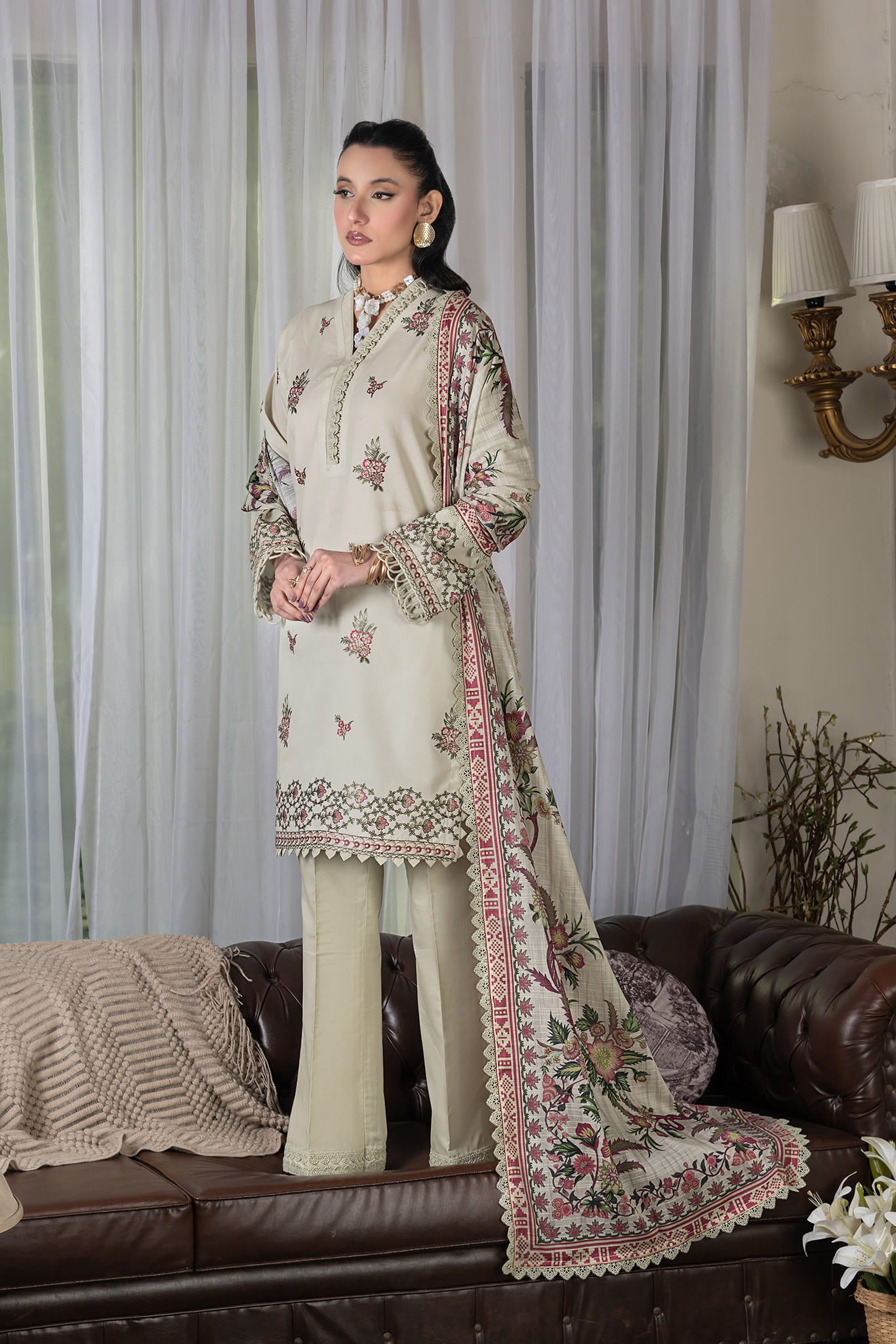 3 Piece Unstitched Boutique Beige Luxury Embroidered Lawn Suit Main image