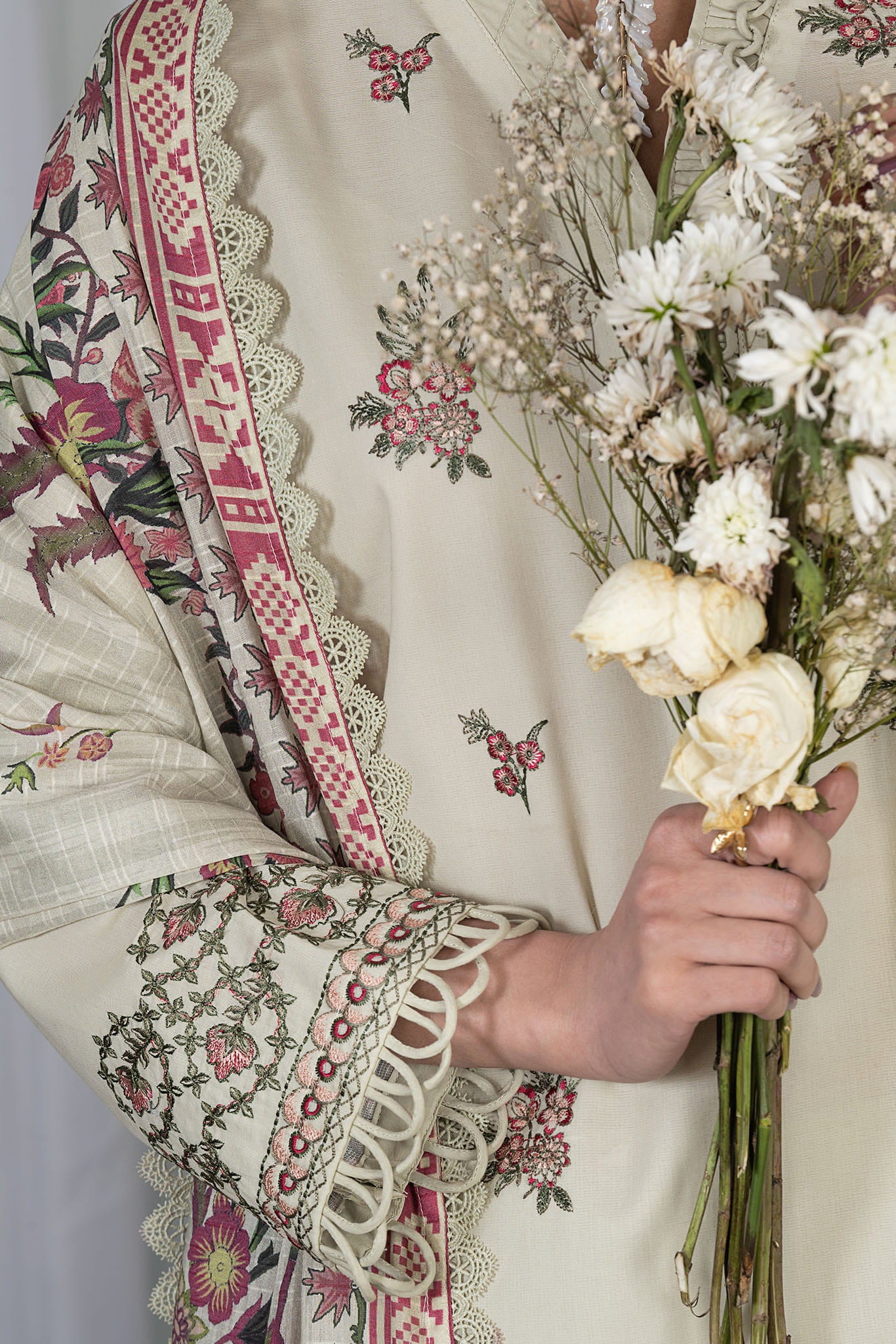 3 Piece Unstitched Boutique Beige Luxury Embroidered Lawn Suit