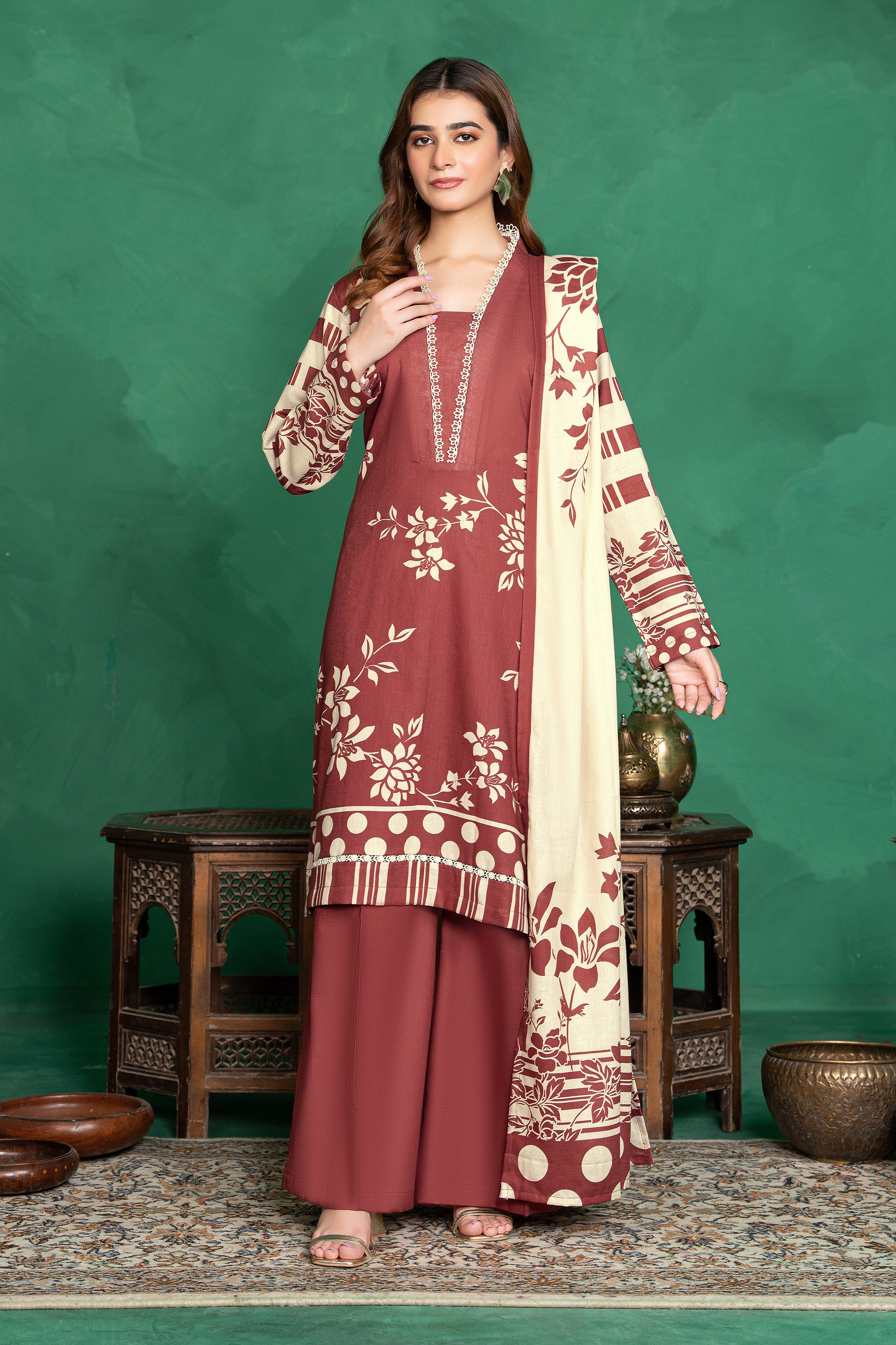 3 Piece Unstitched Brown Printed Cotton Secondary image