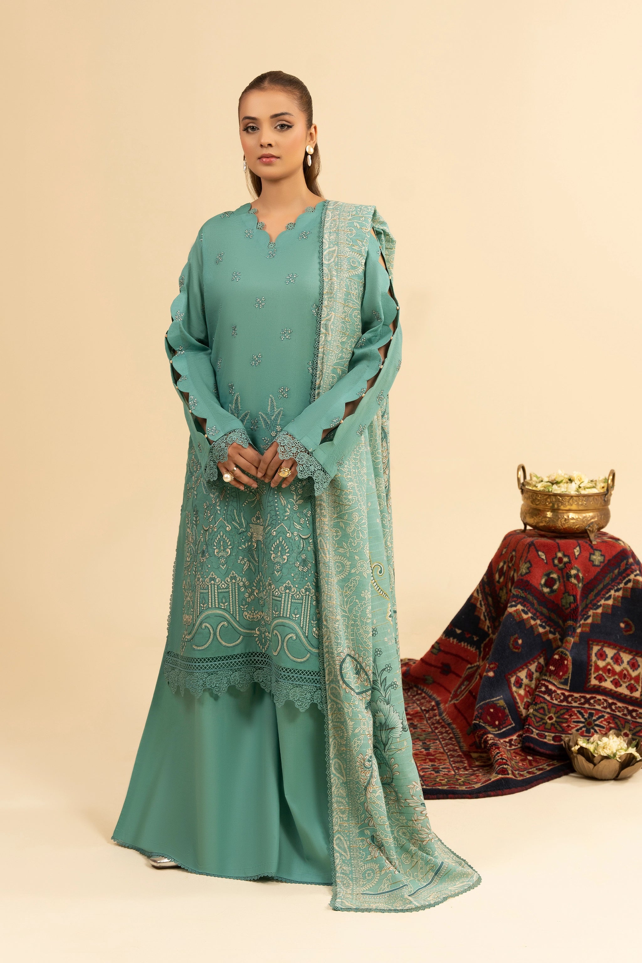 3 Piece Unstitched Cadet Blue Premium Embroidered Jacquard Lawn Suit By Safa Noor Summer 2026 Dahlia Collection