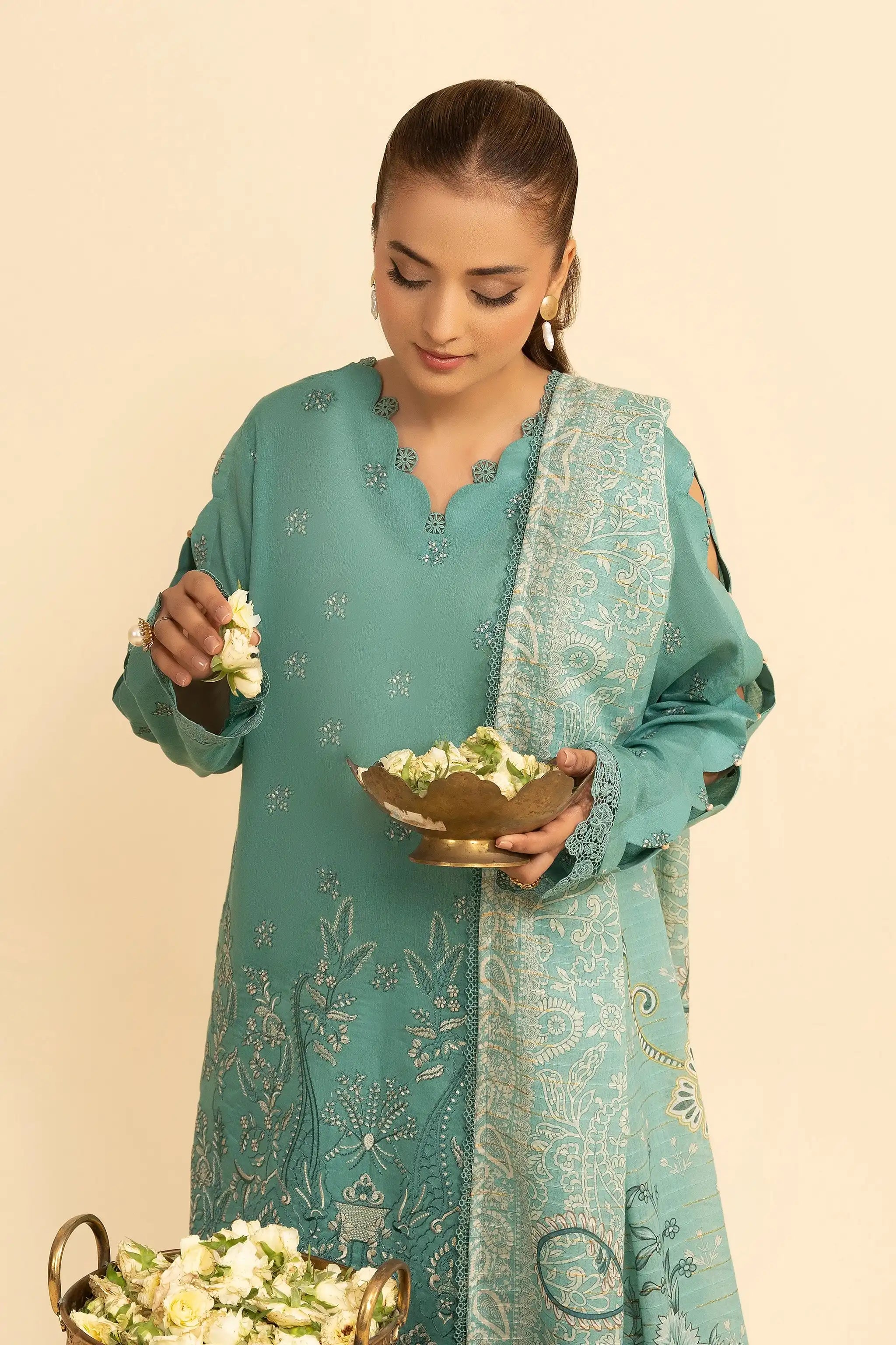 3 Piece Unstitched Cadet Blue Premium Emb Jacquard Lawn Secondary image