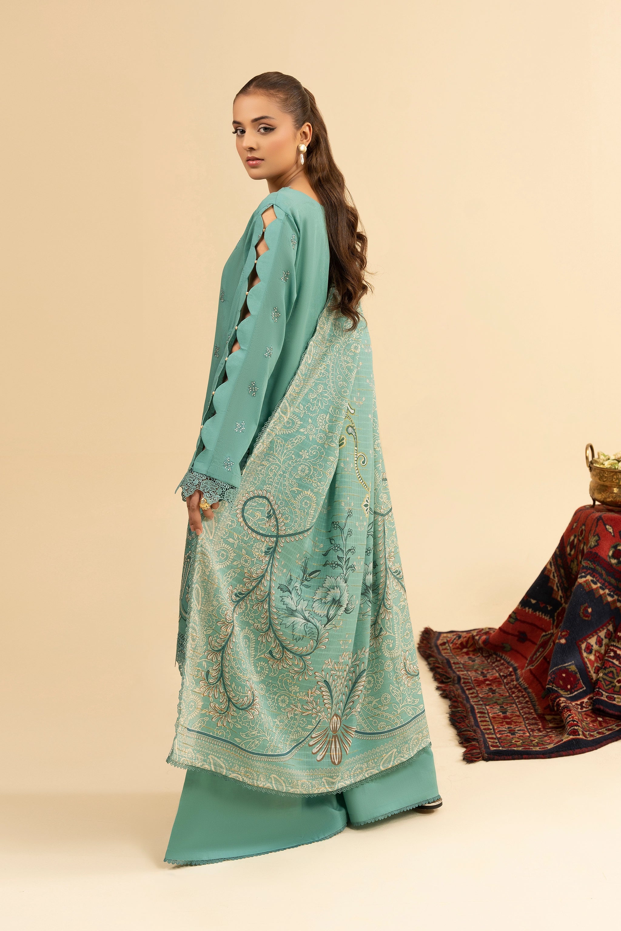 3 Piece Unstitched Cadet Blue Premium Embroidered Jacquard Lawn Suit By Safa Noor Summer 2026 Dahlia Collection