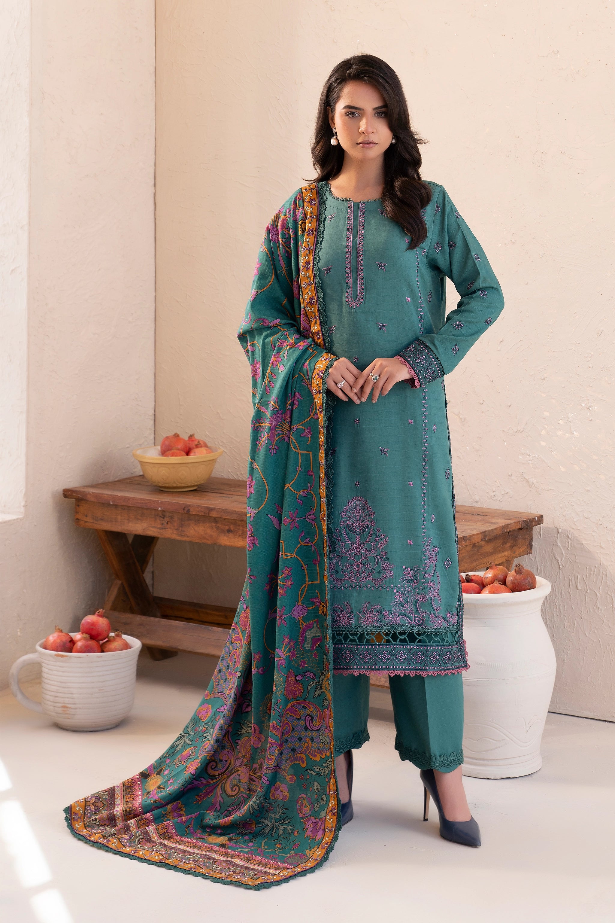 3 Piece Unstitched Cadet Blue Premium Embroidered Lawn - Safa Noor