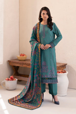 3 Piece Unstitched Cadet Blue Premium Embroidered Lawn - Safa Noor