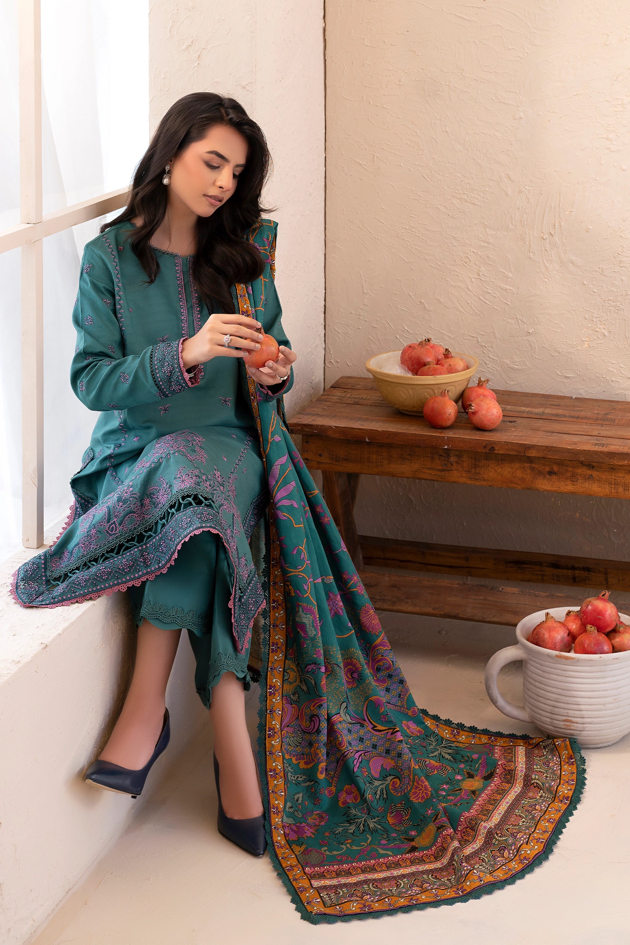 3 Piece Unstitched Cadet Blue Premium Embroidered Lawn - Safa Noor