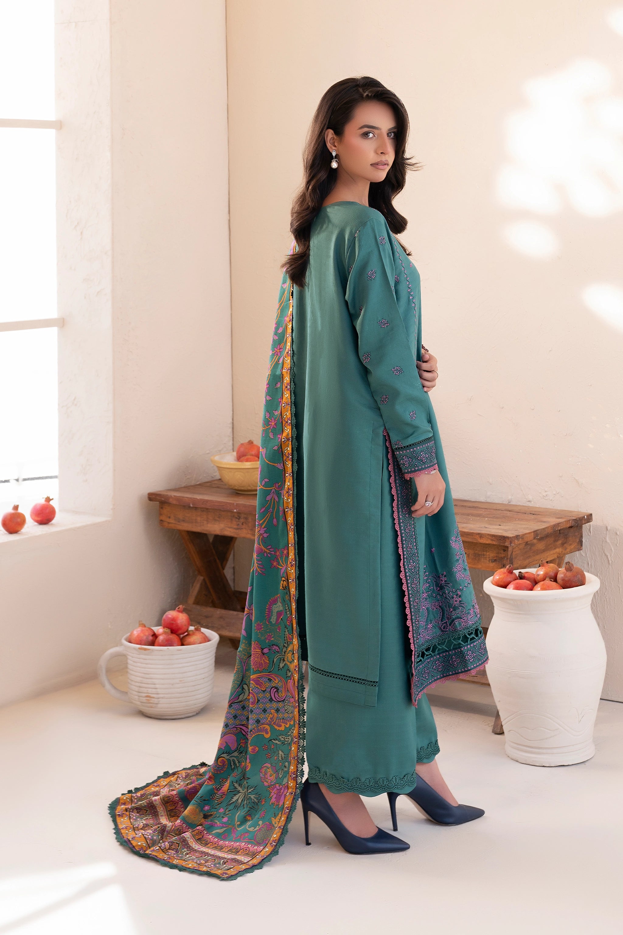 3 Piece Unstitched Cadet Blue Premium Embroidered Lawn - Safa Noor
