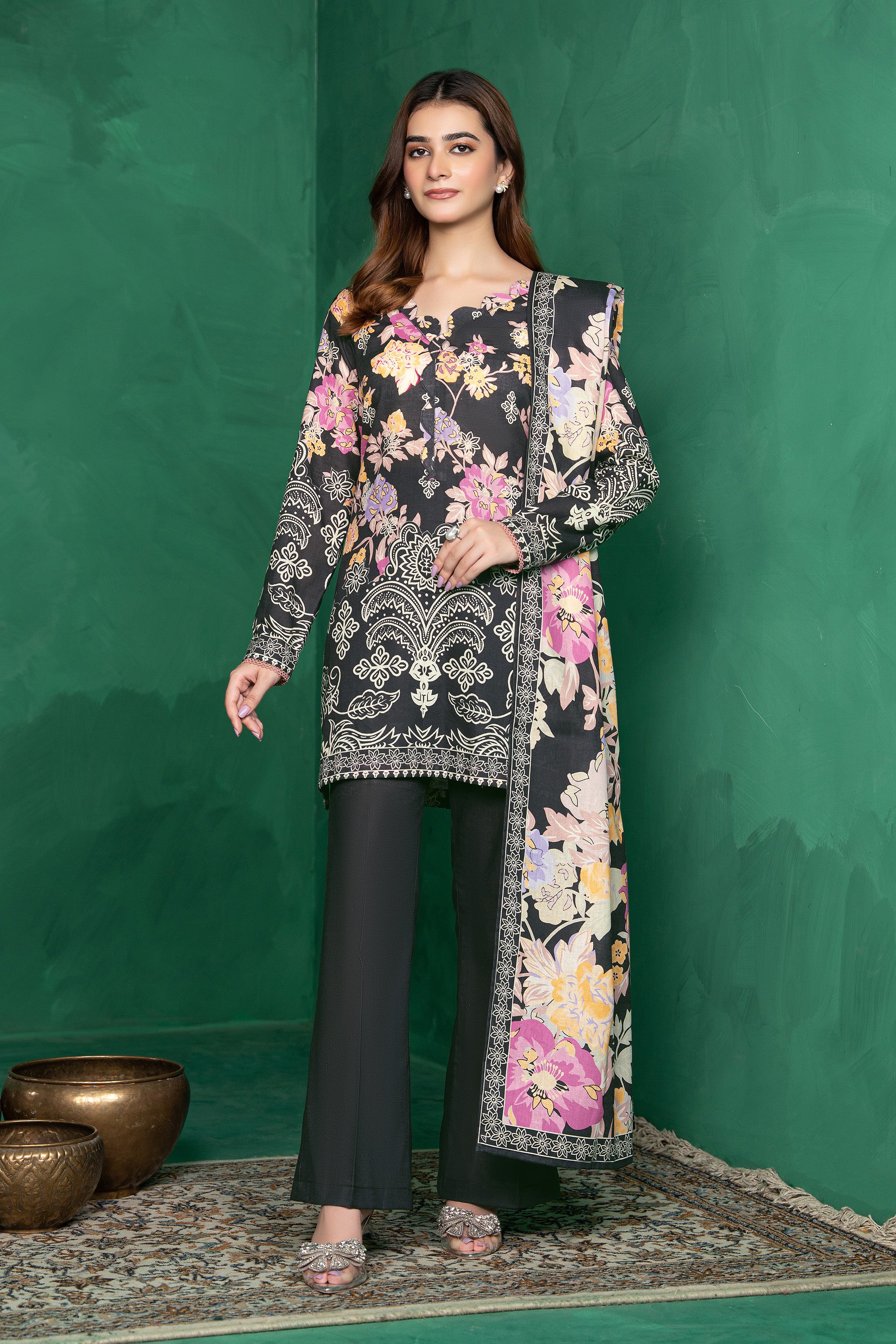 3 Piece Unstitched Charcoal Black Printed Cotton Secondary image