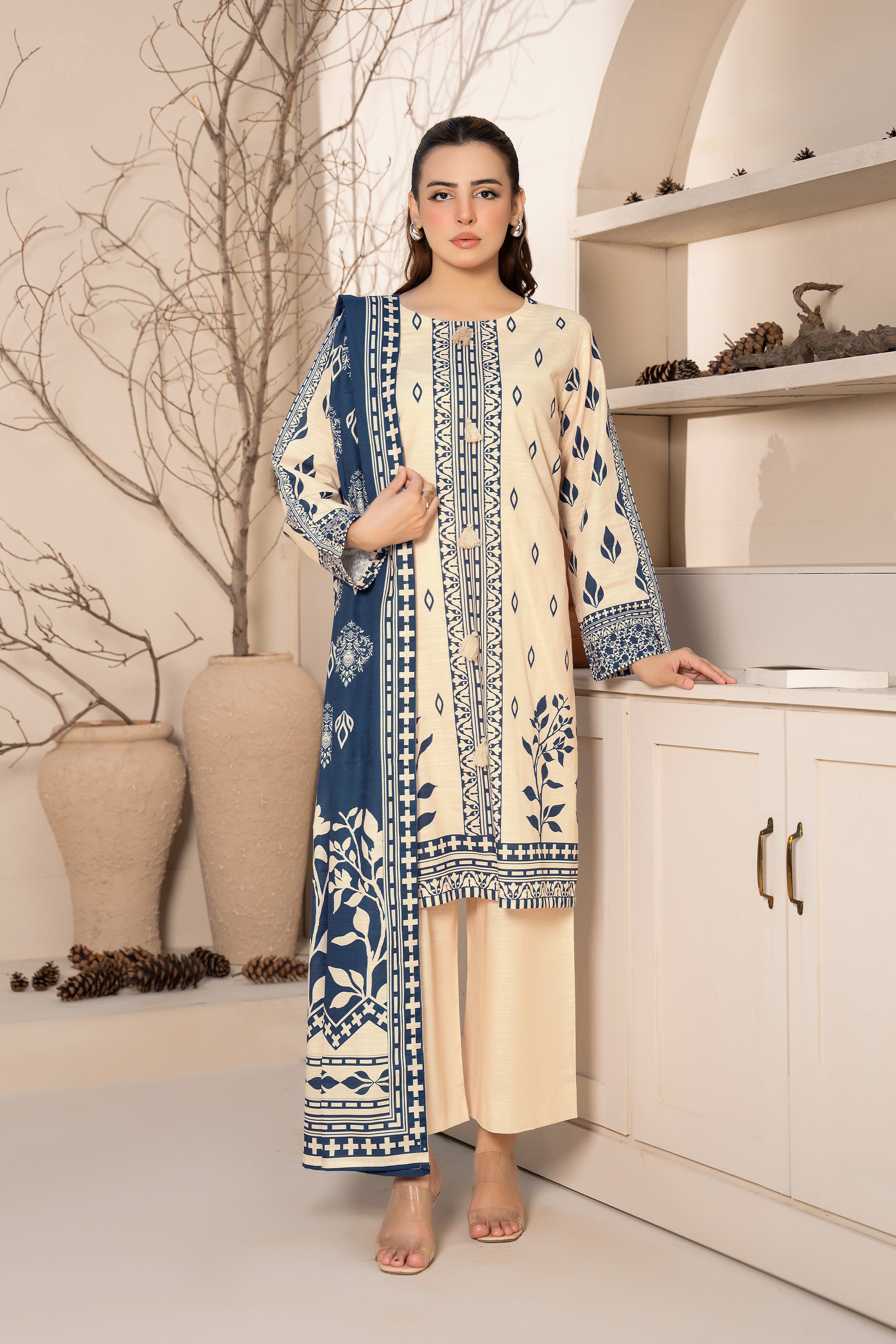 3 Piece Unstitched Cream Printed Khaddar Secondary image
