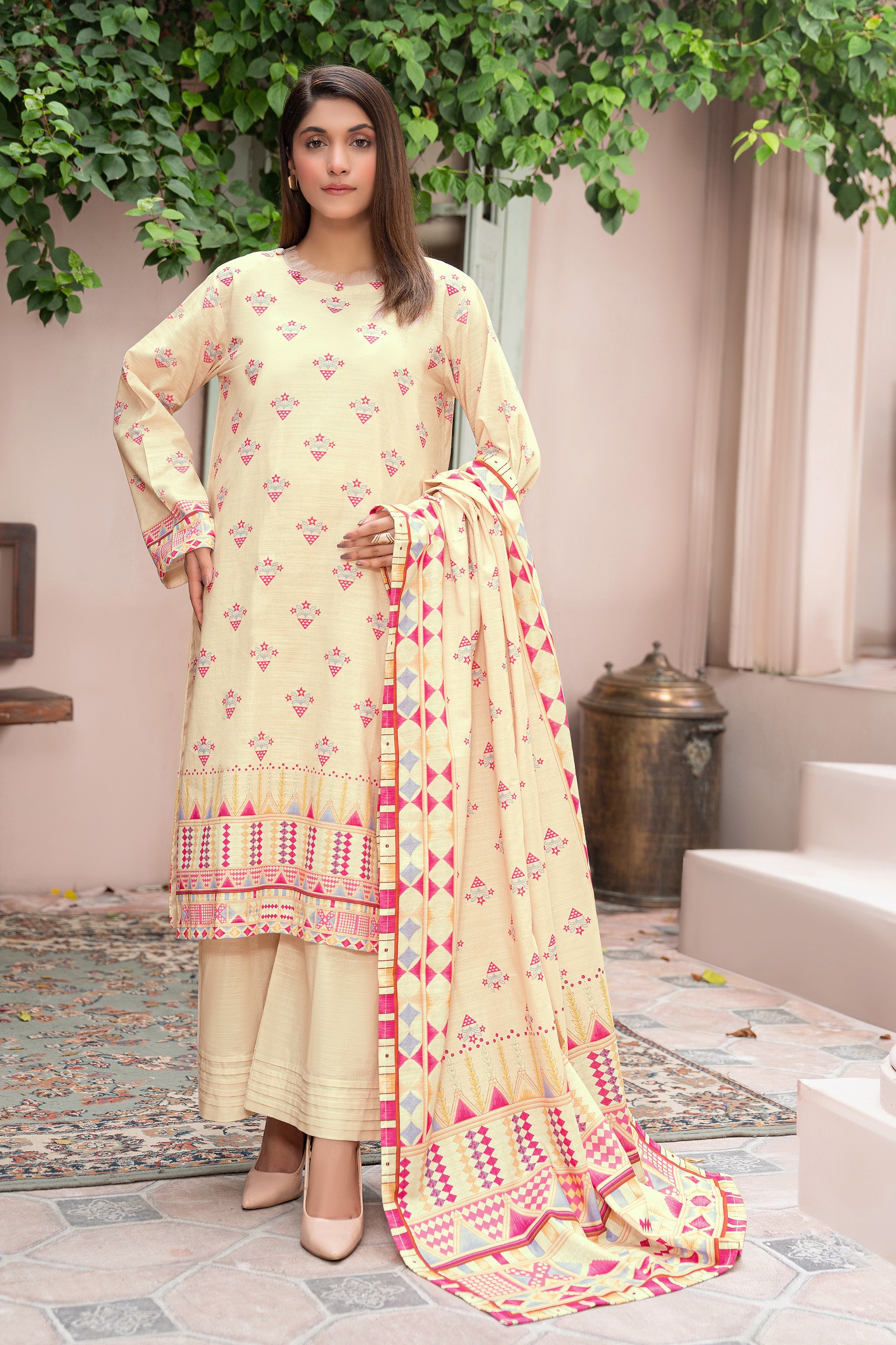 3 Piece Unstitched Cream Printed Khaddar Secondary image