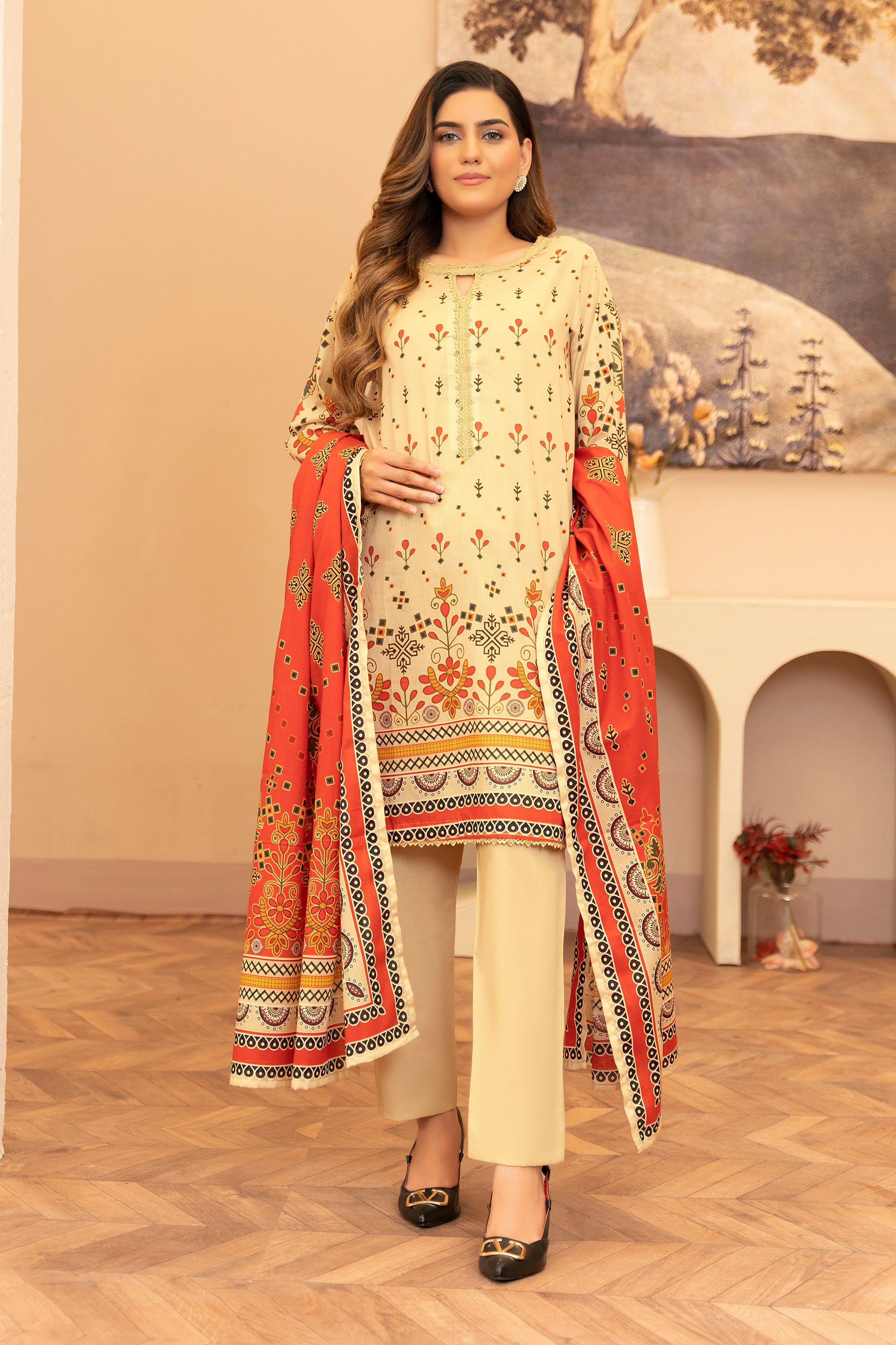 3 Piece Unstitched Cream Printed Lawn Secondary image