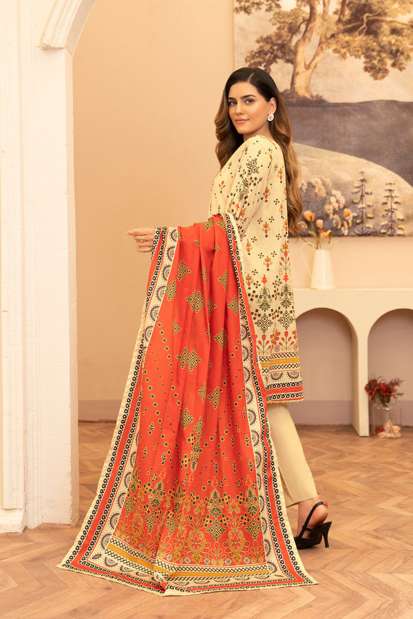 3 Piece Unstitched Cream Printed Lawn - (Vol-104/24)3P-S-25-D9- SAFANOOR