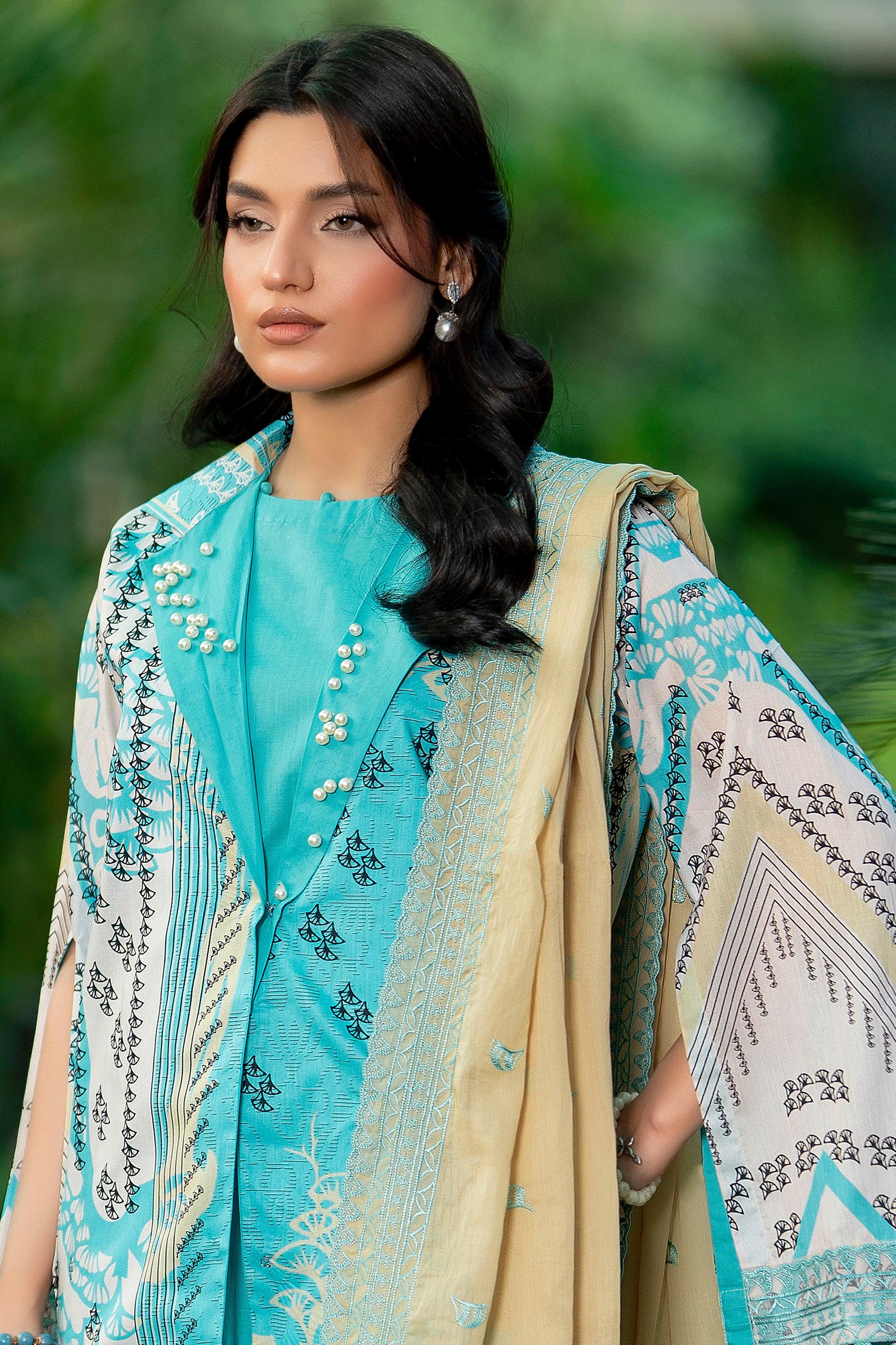 3 Piece Unstitched Cyan Embroidered Lawn - SafaNoor Main image
