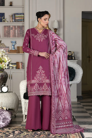 3 Piece Unstitched Dark Raspberry Luxury Embroidered Lawn Suit