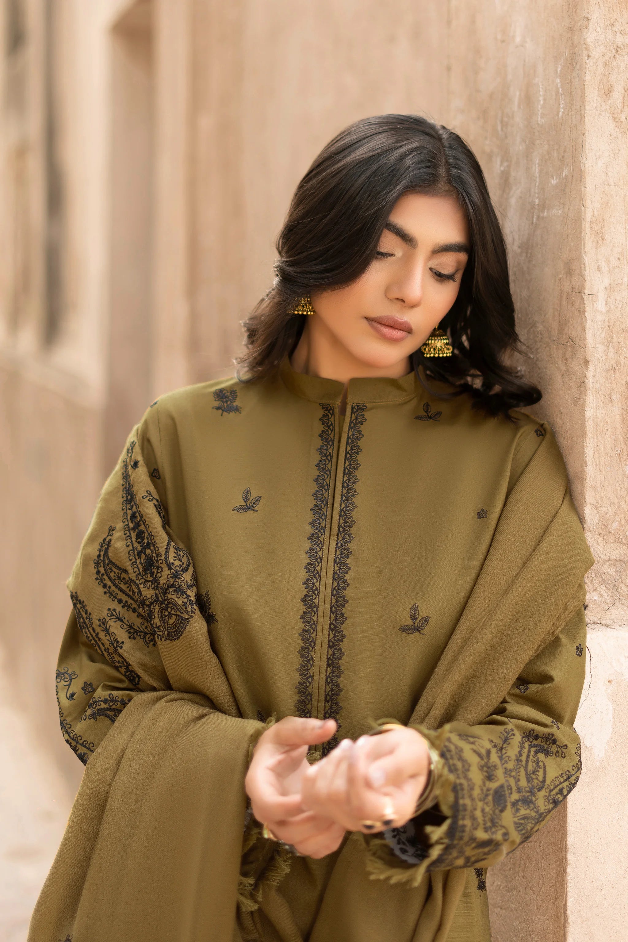 3 Piece Unstitched Dye Warm Naps Olive Brown Suit