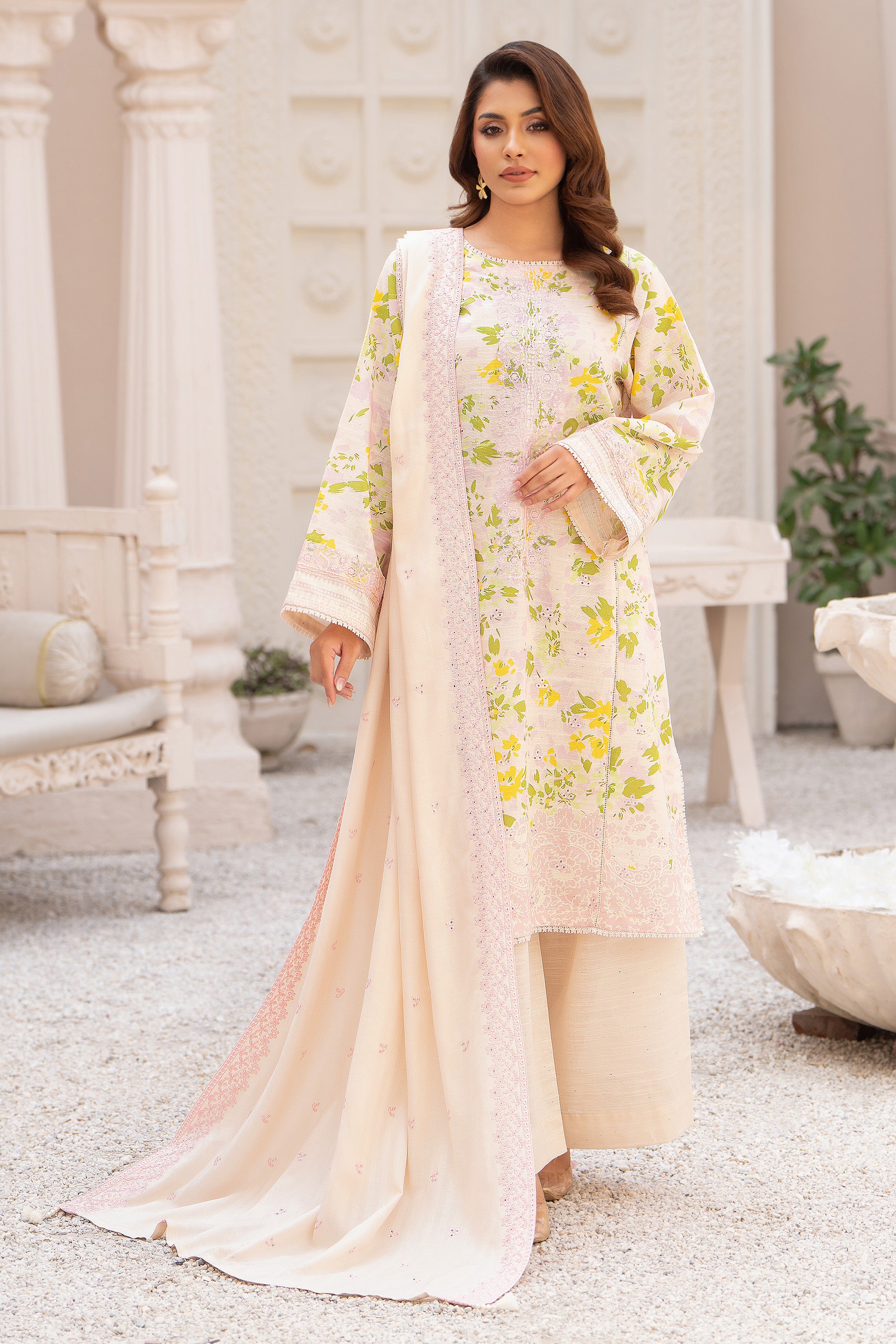 3 Piece Unstitched Embroidered Antique white Khaddar Secondary image