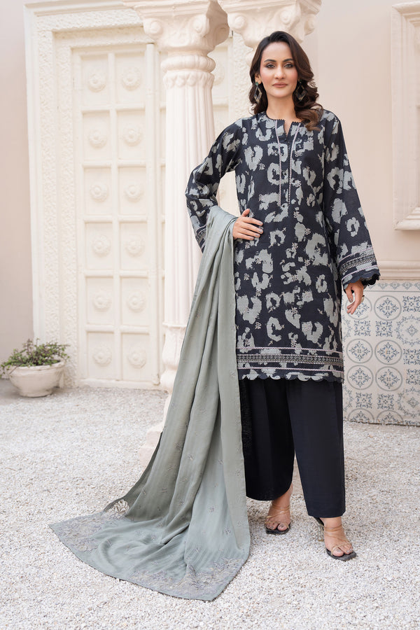 3 Piece Unstitched Embroidered Black Khaddar