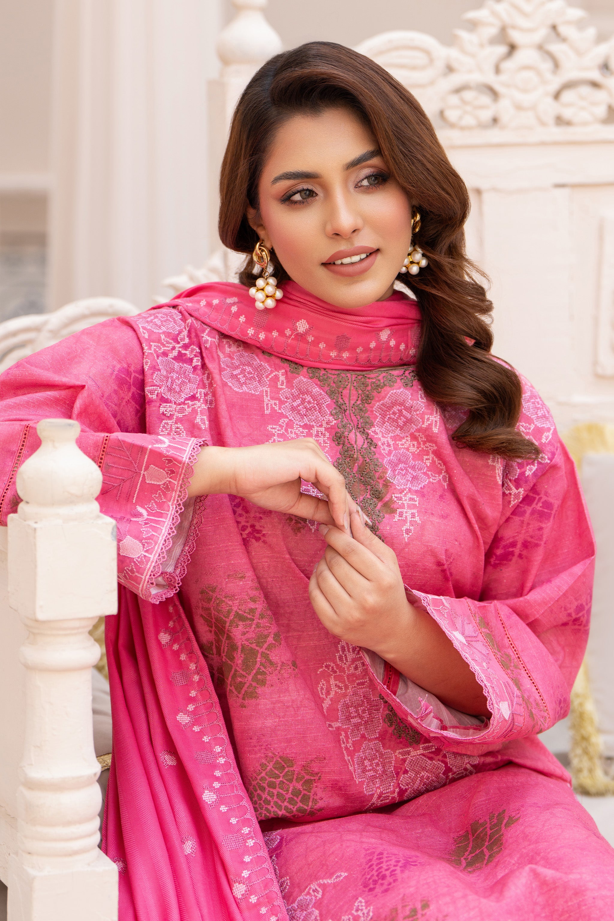 3 Piece Unstitched Embroidered Dark Pink Khaddar