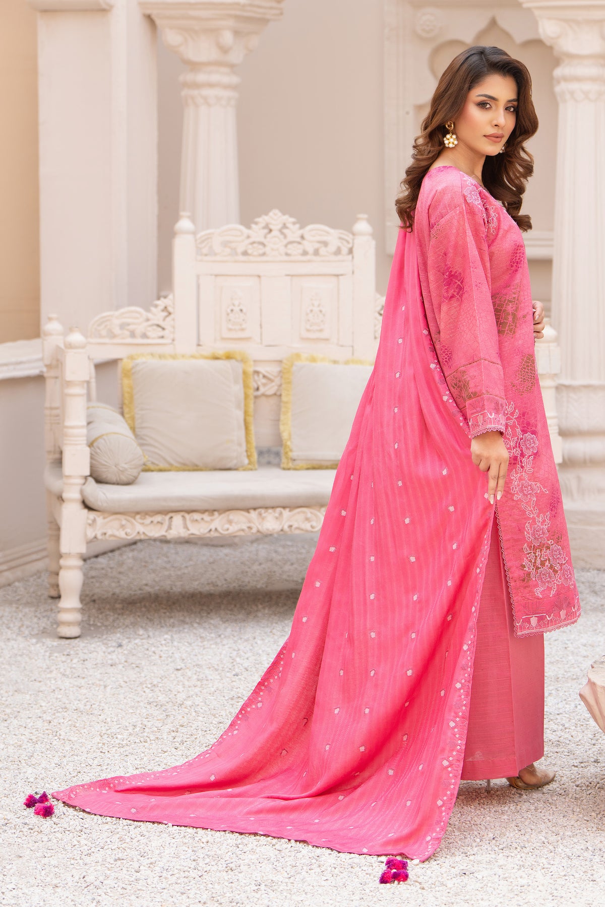 3 Piece Unstitched Embroidered Dark Pink Khaddar