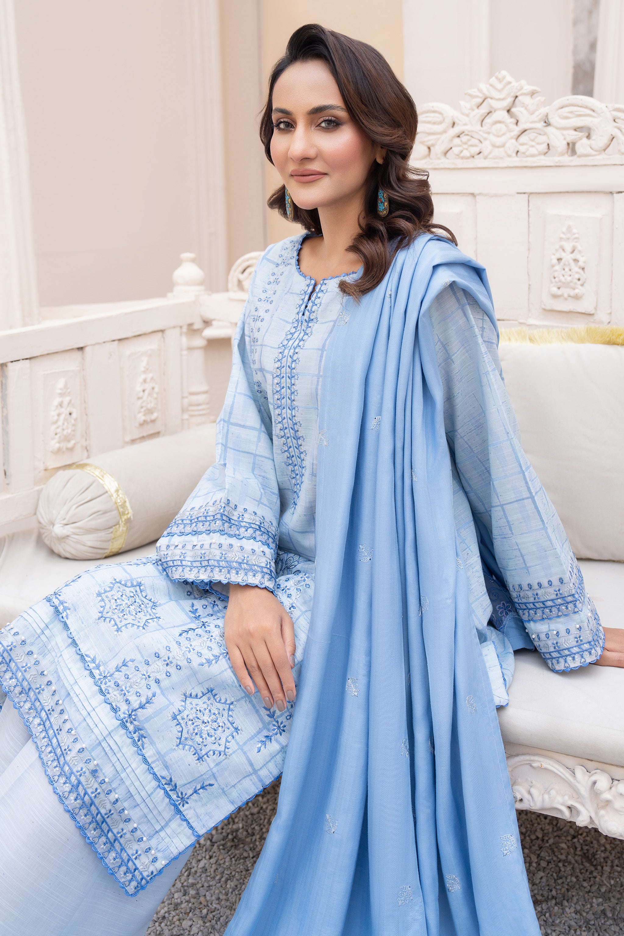 3 Piece Unstitched Embroidered Pale Aqua Khaddar