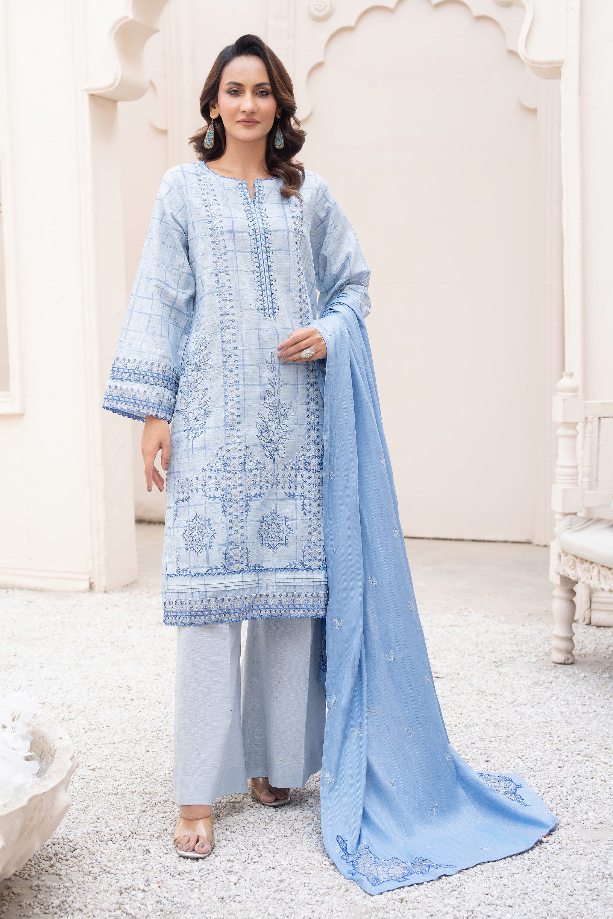 3 Piece Unstitched Embroidered Pale Aqua Khaddar