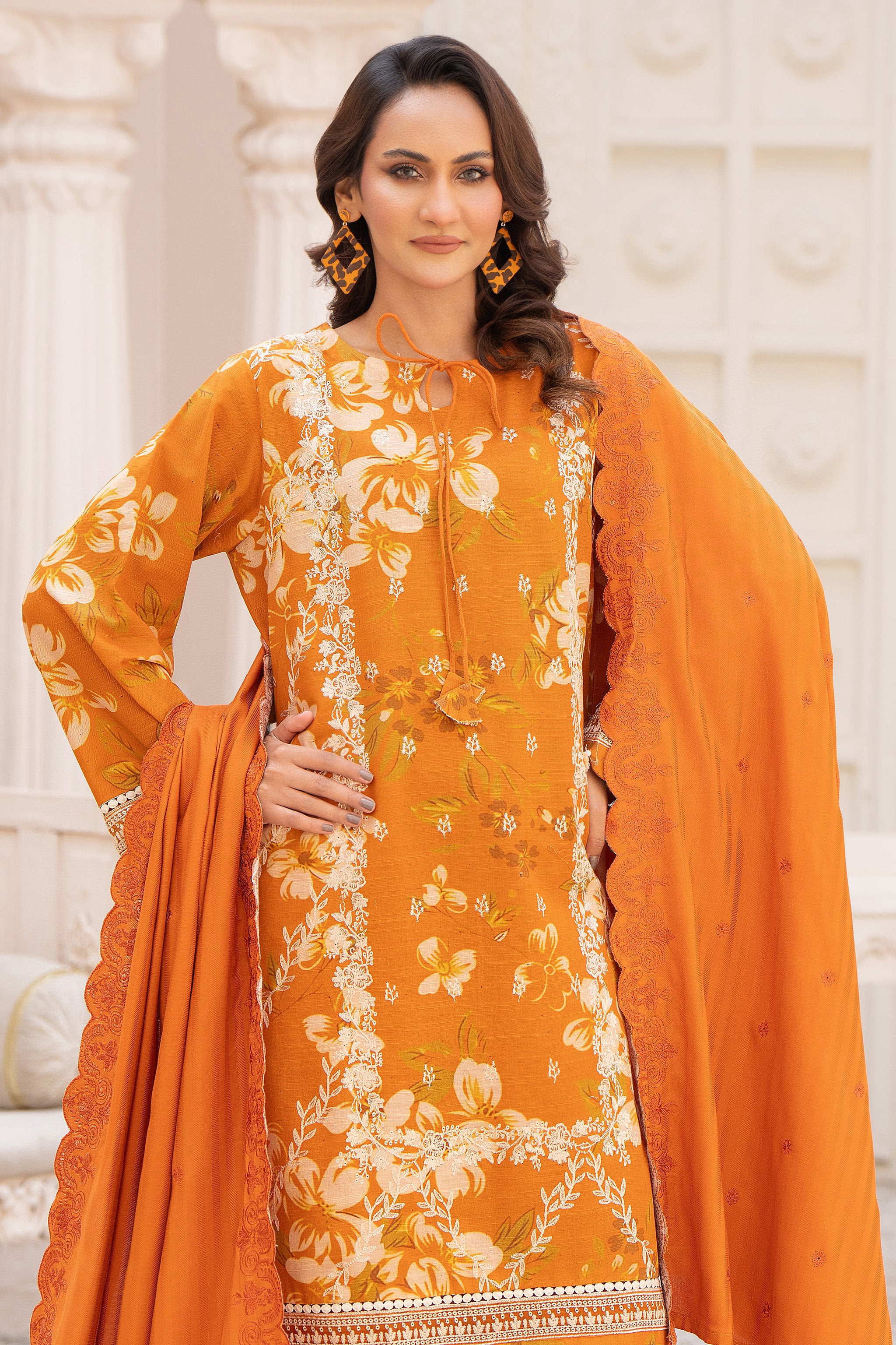 3 Piece Unstitched Embroidered Pumpkin Orange Khaddar