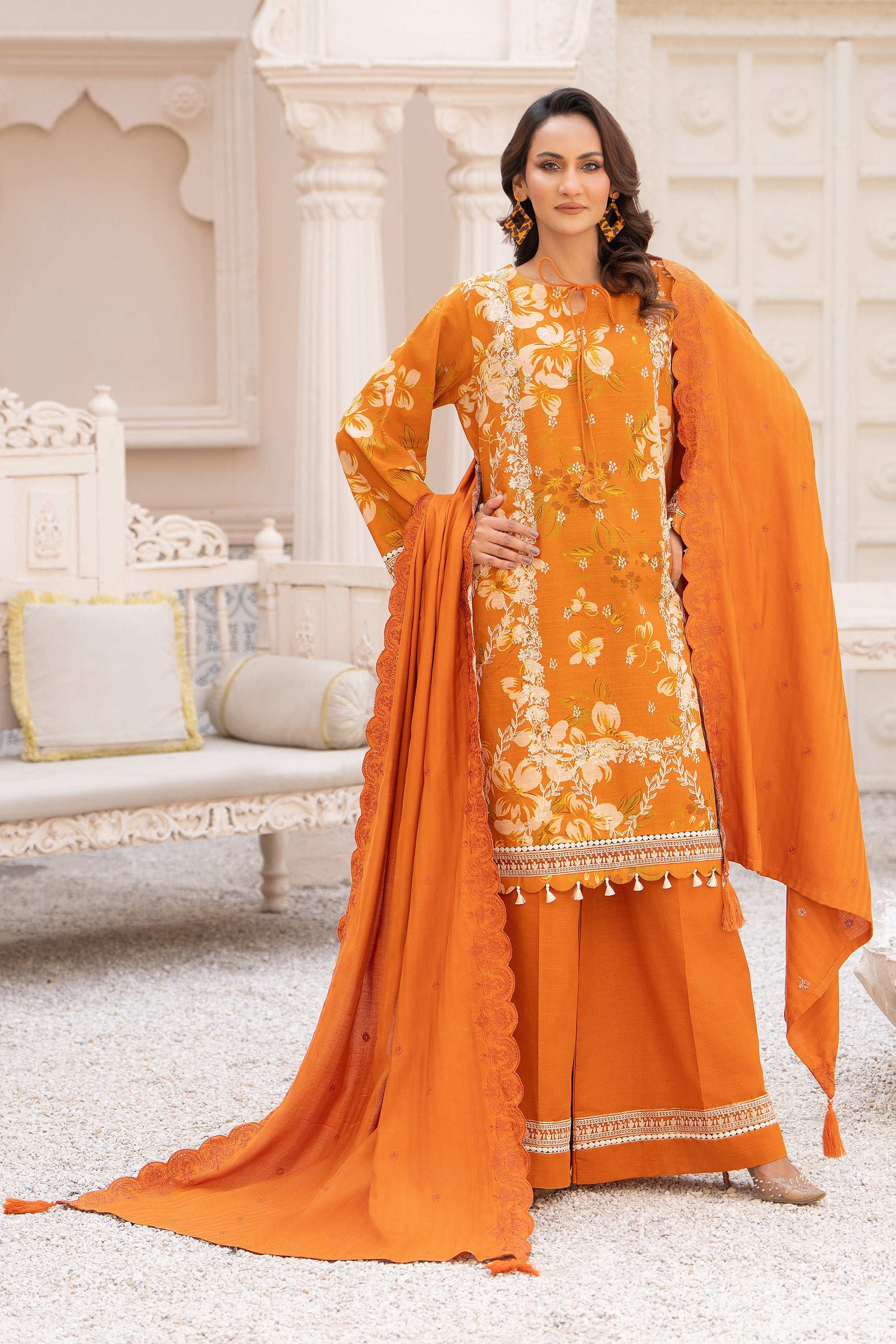 3 Piece Unstitched Embroidered Pumpkin Orange Khaddar Secondary image