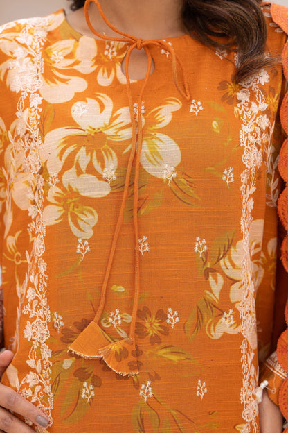 3 Piece Unstitched Embroidered Pumpkin Orange Khaddar